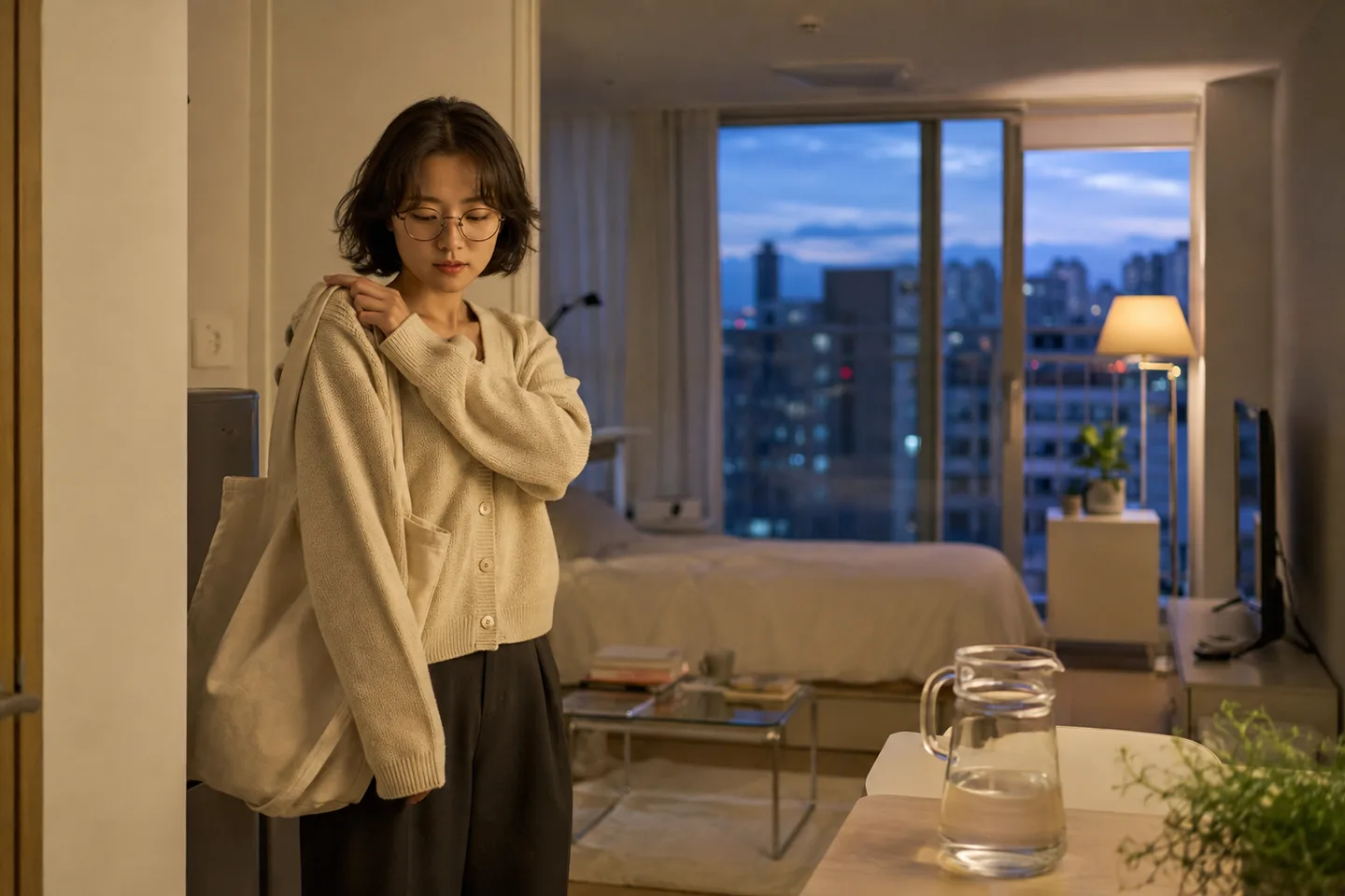 가을 저녁 서울의 집에서 물을 준비하고 어깨를 편안하게 쉬는 20대 여성