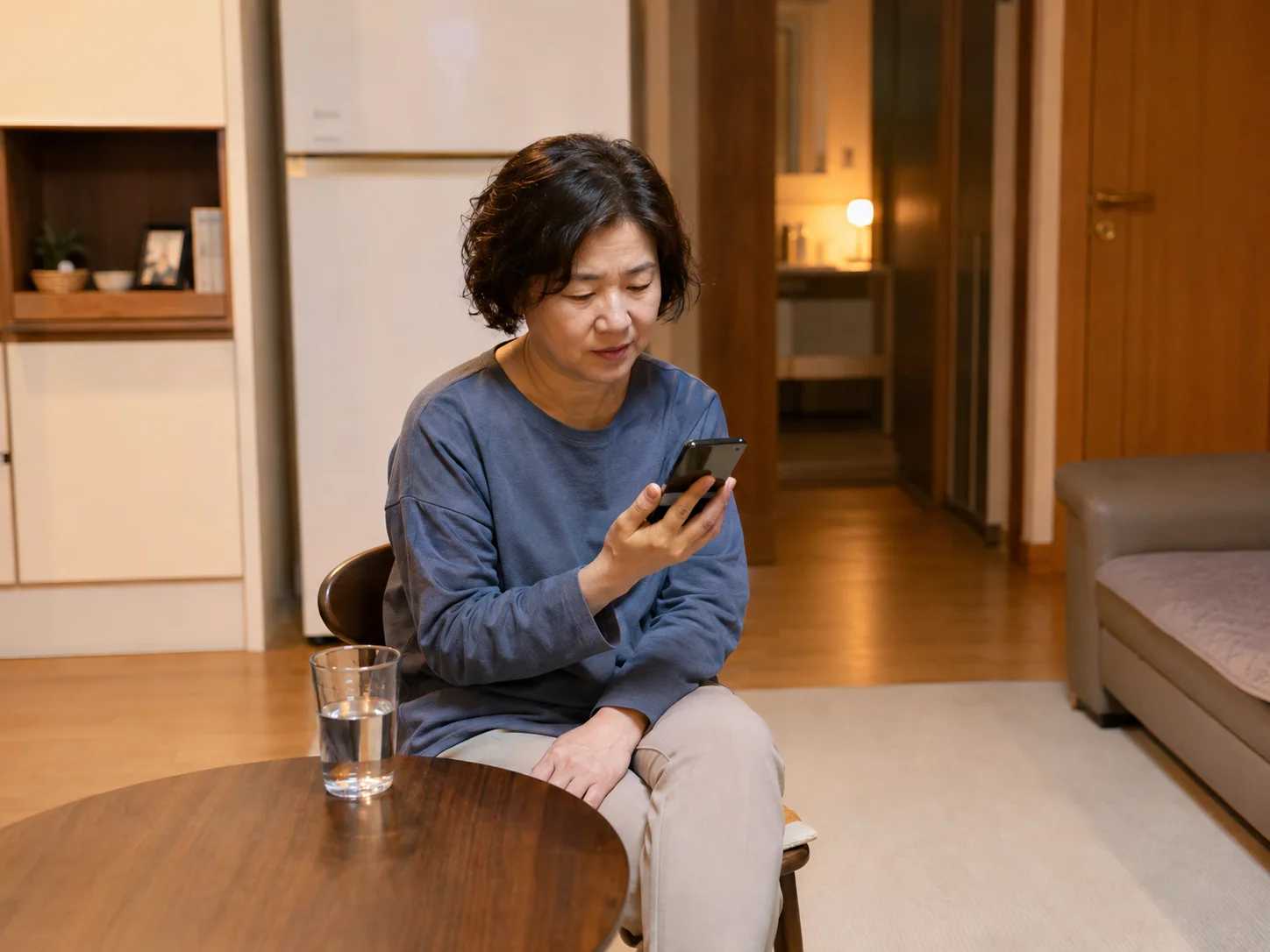 충북 보은 읍의 생활권 분위기와 출장 숙소 이용 상황을 함께 보여 주는 가상 출장마사지 이용후기 장면