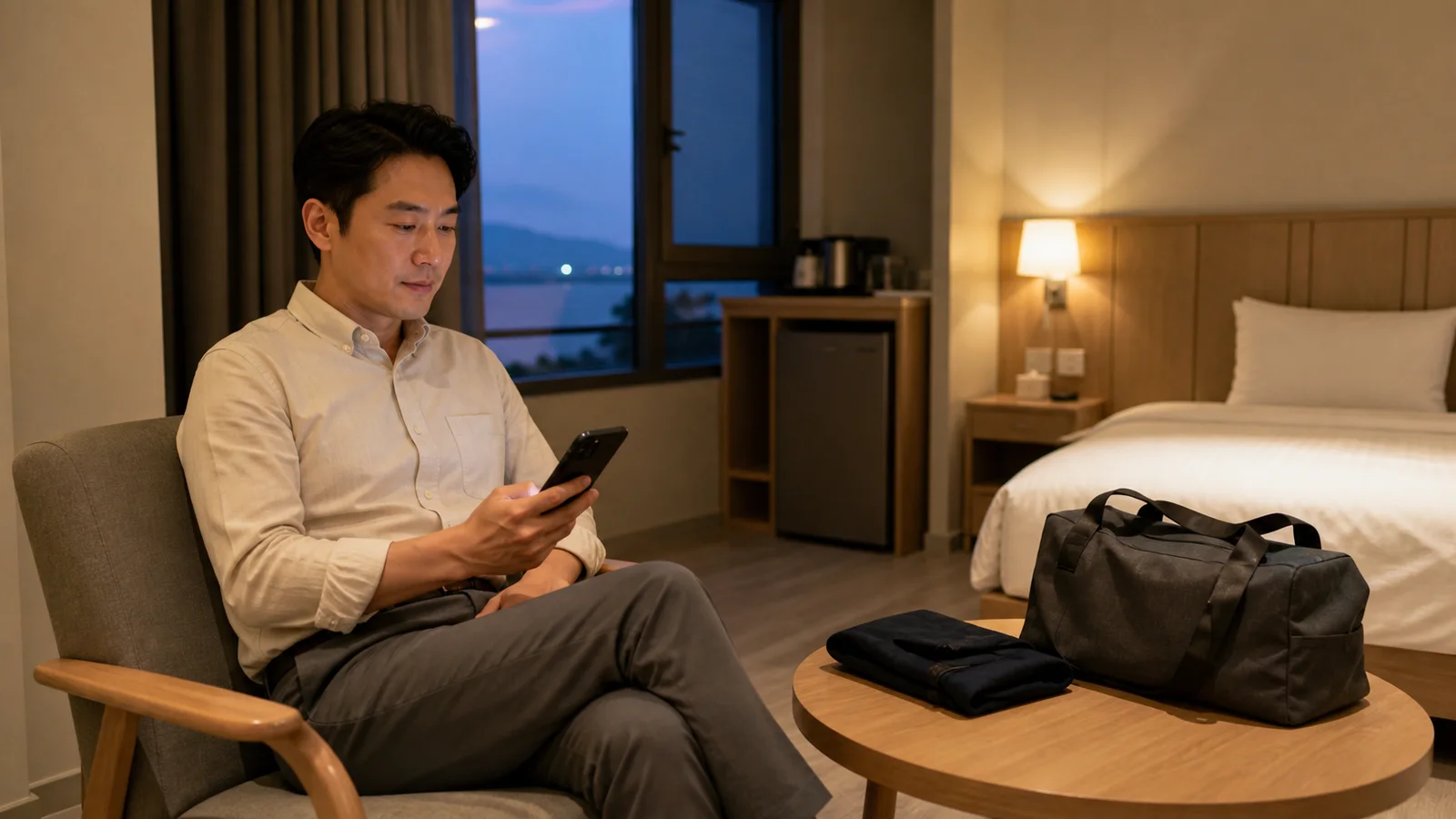 충남 보령 무창포의 생활권 분위기와 출장 숙소 이용 상황을 함께 보여 주는 가상 출장마사지 이용후기 장면