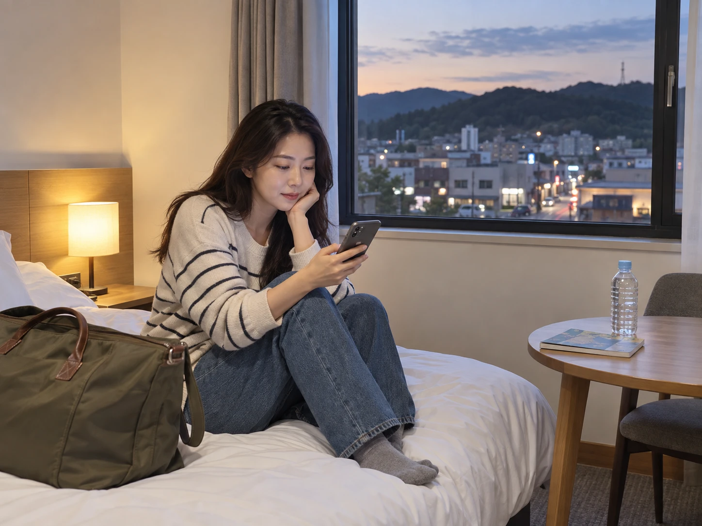 충남 금산 읍의 생활권 분위기와 출장 숙소 이용 상황을 함께 보여 주는 가상 출장마사지 이용후기 장면