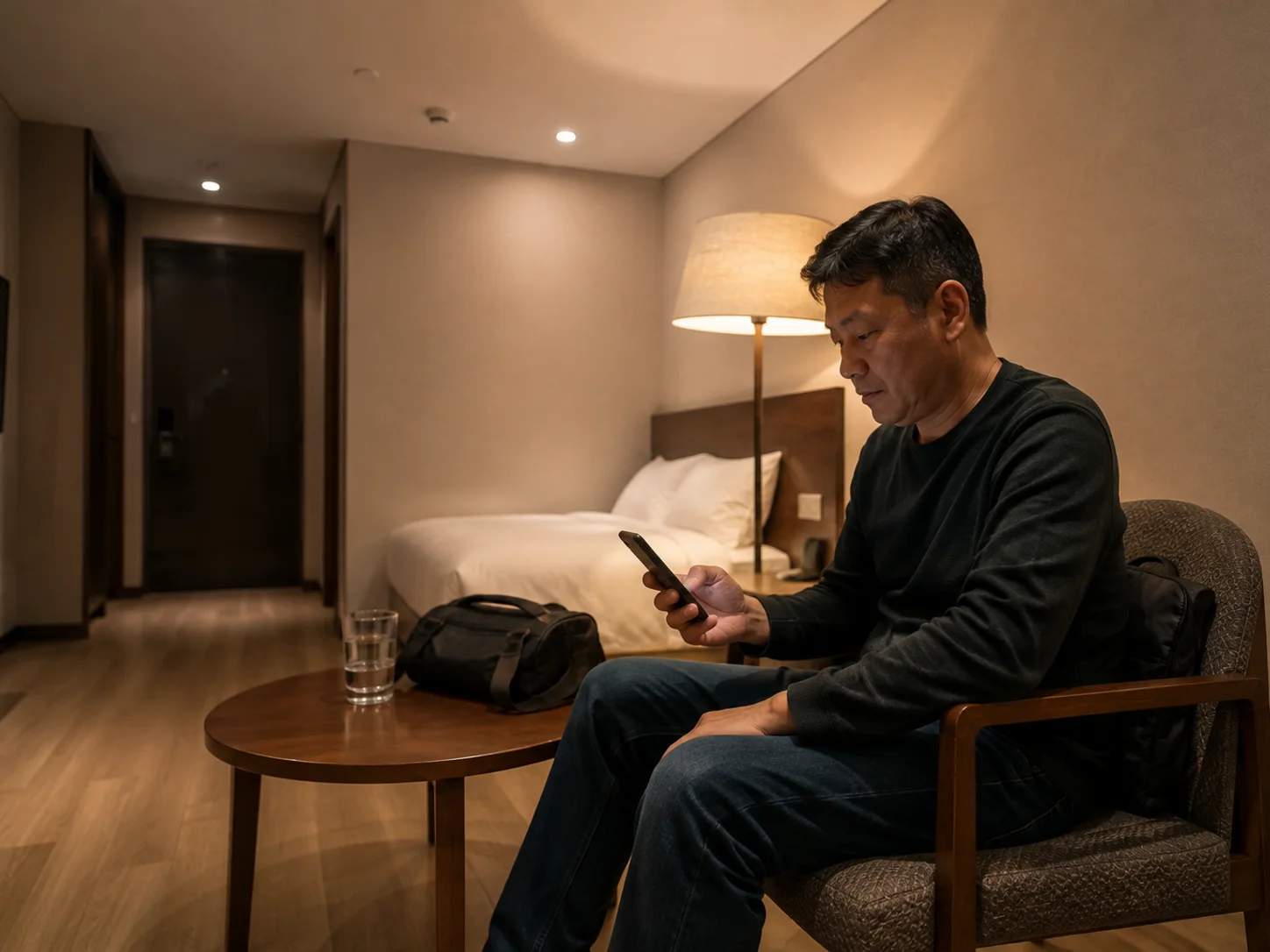 충남 공주 중동의 생활권 분위기와 출장 숙소 이용 상황을 함께 보여 주는 가상 출장마사지 이용후기 장면