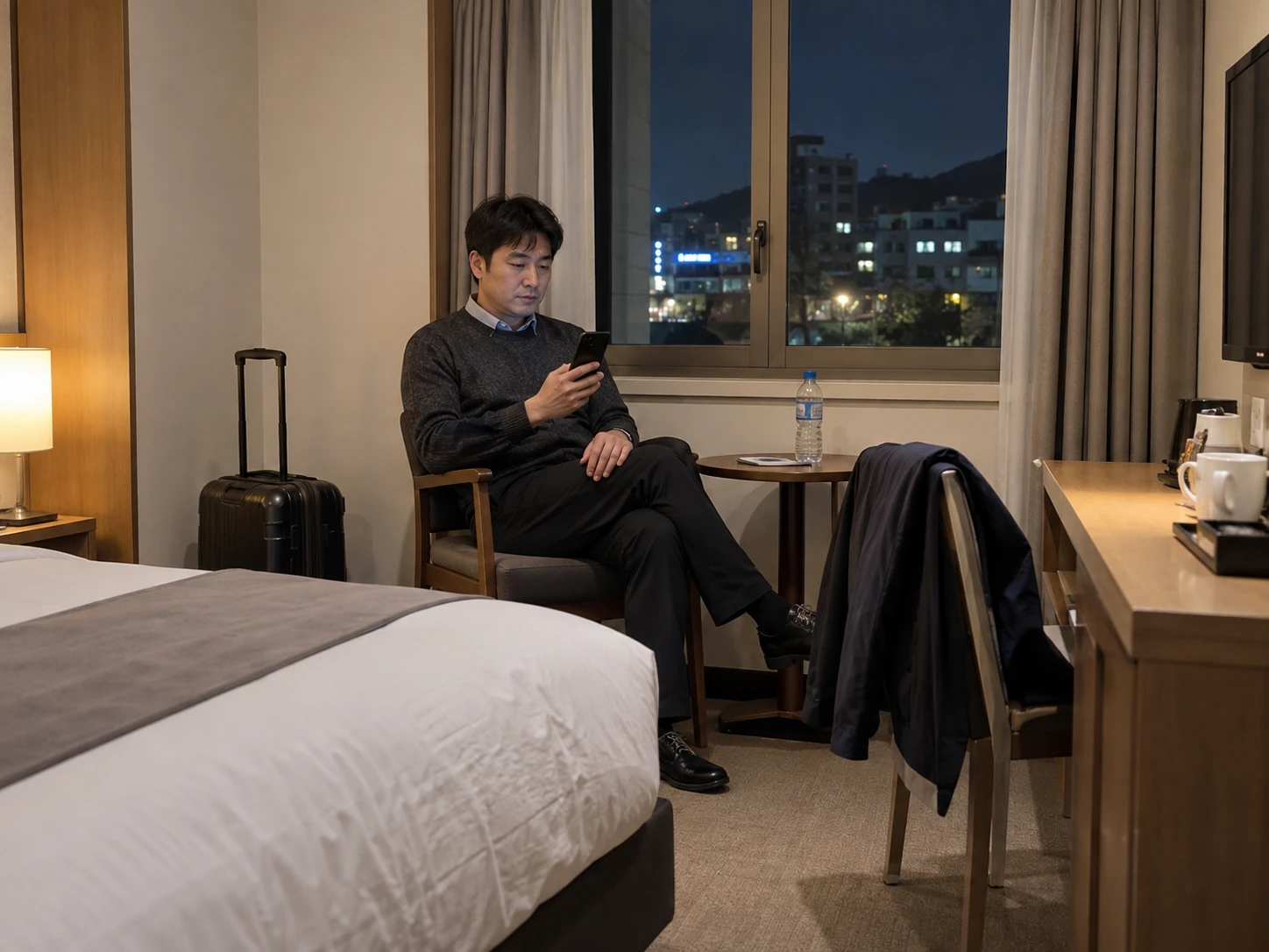 충남 논산 내동의 생활권 분위기와 출장 숙소 이용 상황을 함께 보여 주는 가상 출장마사지 이용후기 장면