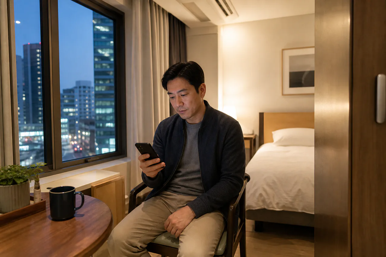 대전 동구 대전역의 생활권 분위기와 출장 숙소 이용 상황을 함께 보여 주는 가상 출장마사지 이용후기 장면