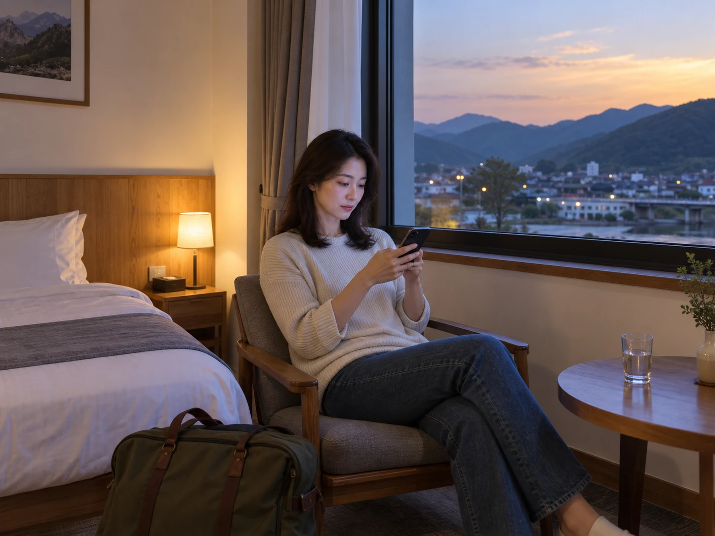경북 문경 모전동의 생활권 분위기와 출장 숙소 이용 상황을 함께 보여 주는 가상 출장마사지 이용후기 장면