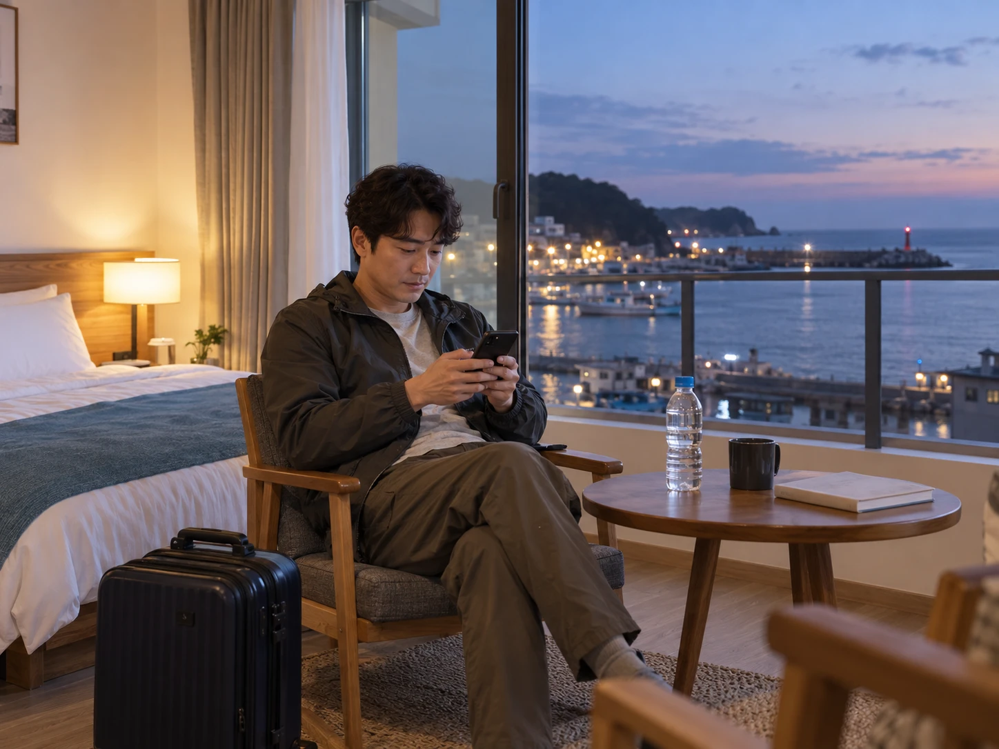 경북 영덕 읍의 생활권 분위기와 출장 숙소 이용 상황을 함께 보여 주는 가상 출장마사지 이용후기 장면