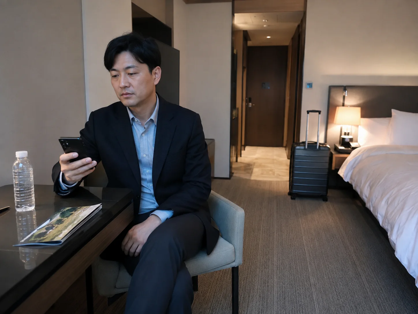 경북 영주 휴천동의 생활권 분위기와 출장 숙소 이용 상황을 함께 보여 주는 가상 출장마사지 이용후기 장면