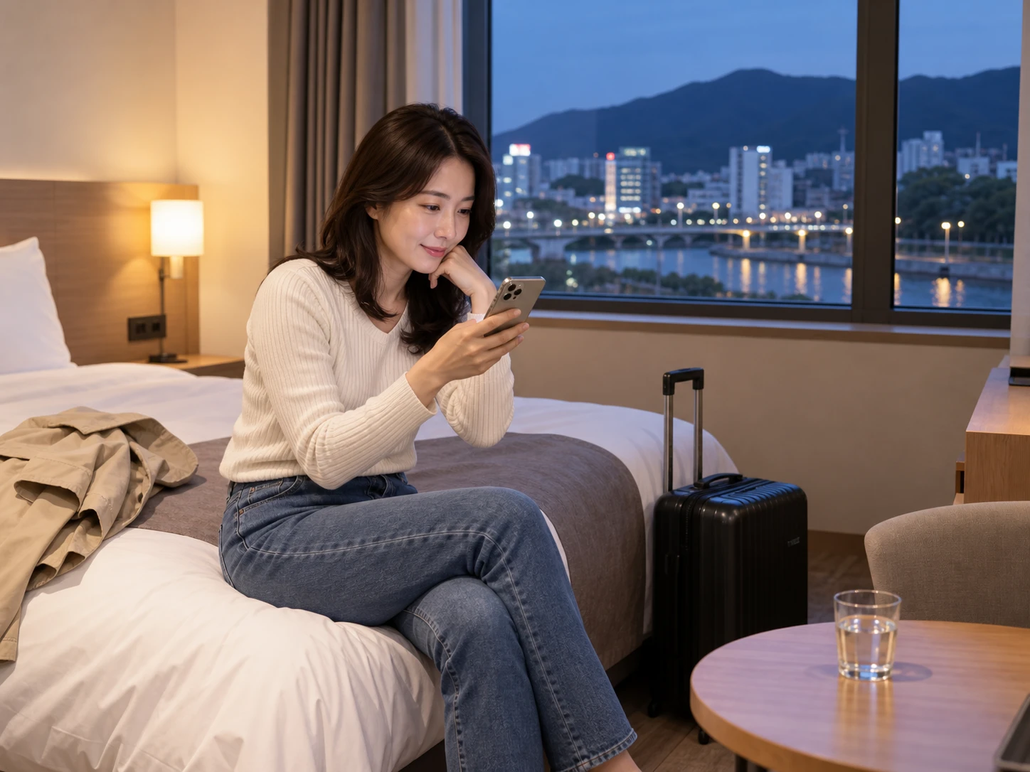 밀양출장마사지 | K초이스24 - 경남 밀양 삼문동 숙소에서 방문 예정 연락을 확인하며 혼자 기다리는 성인 이용자