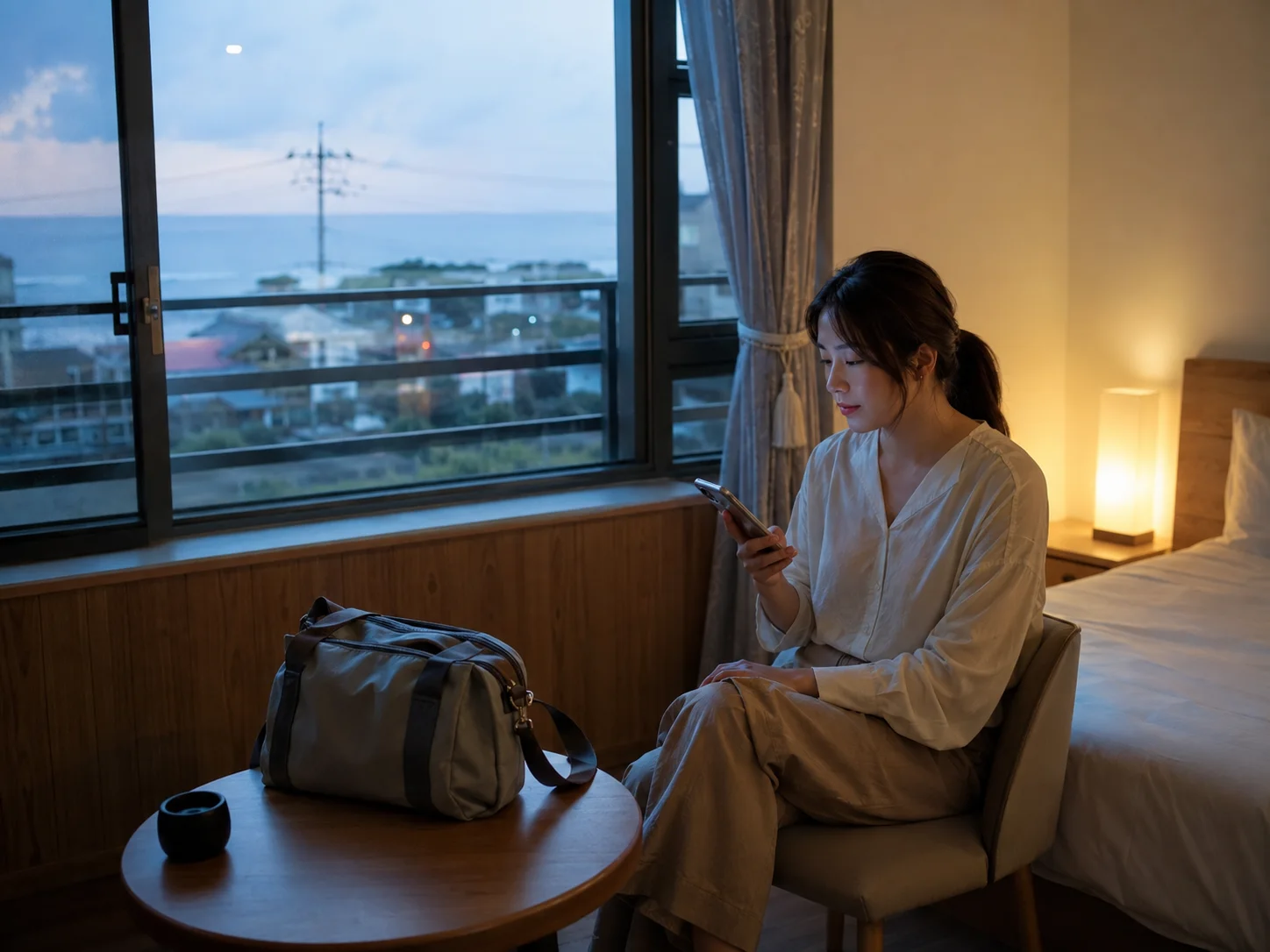 제주 애월읍 애월리의 생활권 분위기와 출장 숙소 이용 상황을 함께 보여 주는 가상 출장마사지 이용후기 장면