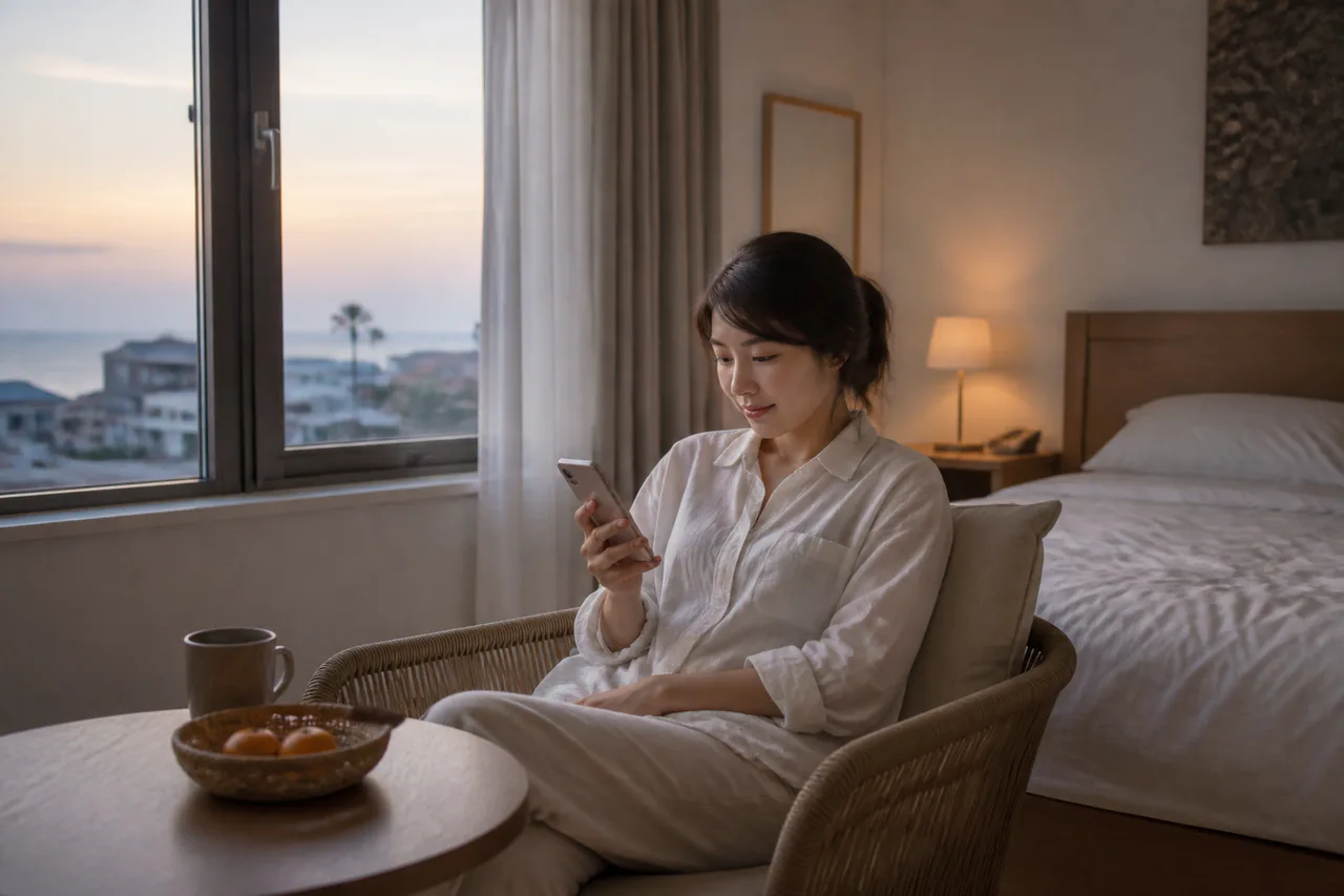 제주 한림읍 한림리의 생활권 분위기와 출장 숙소 이용 상황을 함께 보여 주는 가상 출장마사지 이용후기 장면
