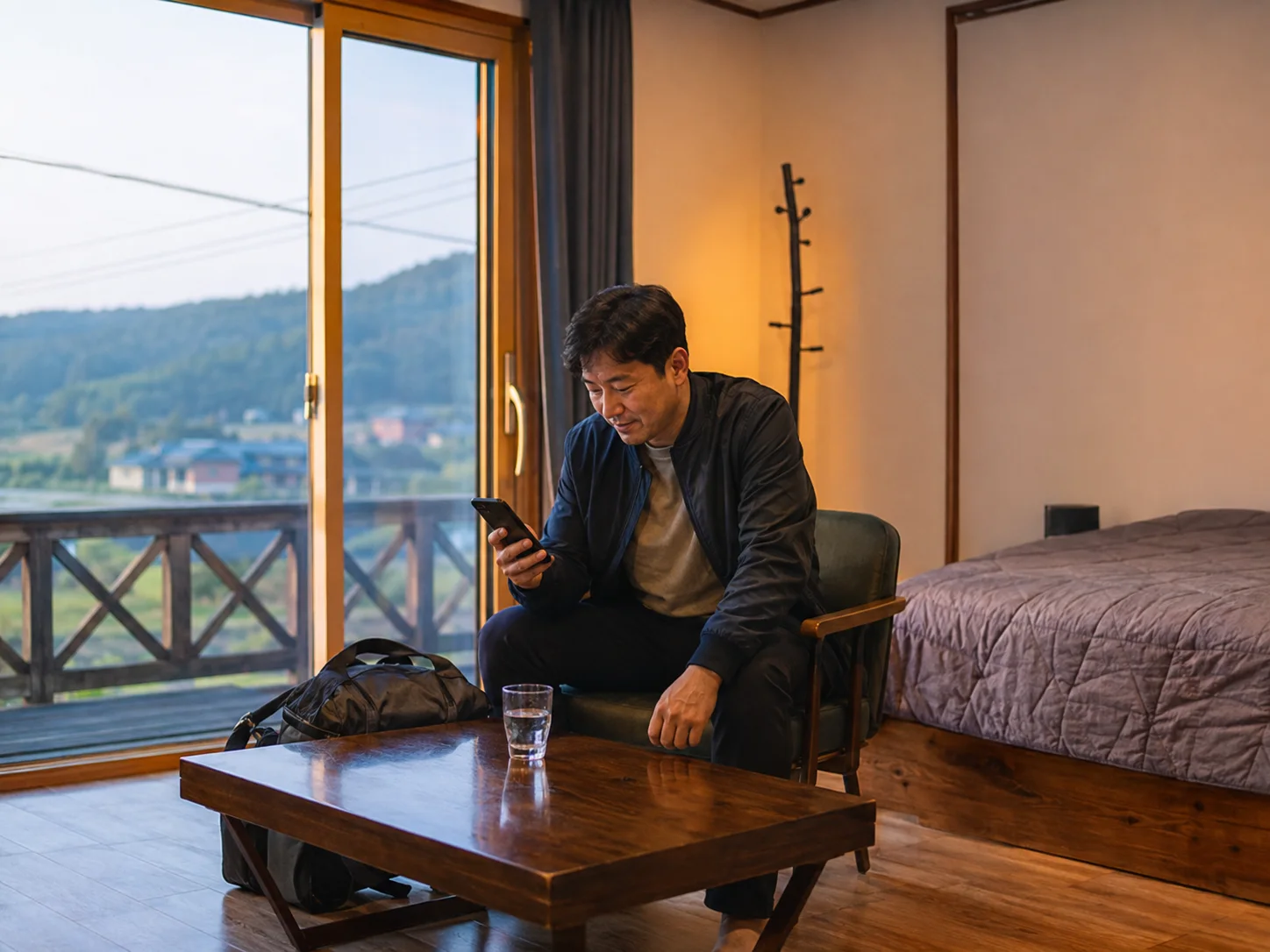 고창출장마사지 | K초이스24 - 고창읍 숙소에서 방문 예정 연락을 확인하며 혼자 기다리는 성인 이용자