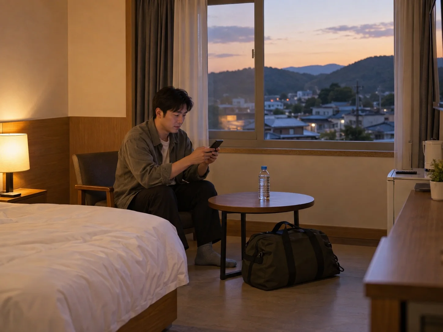 전북 임실 읍의 생활권 분위기와 출장 숙소 이용 상황을 함께 보여 주는 가상 출장마사지 이용후기 장면