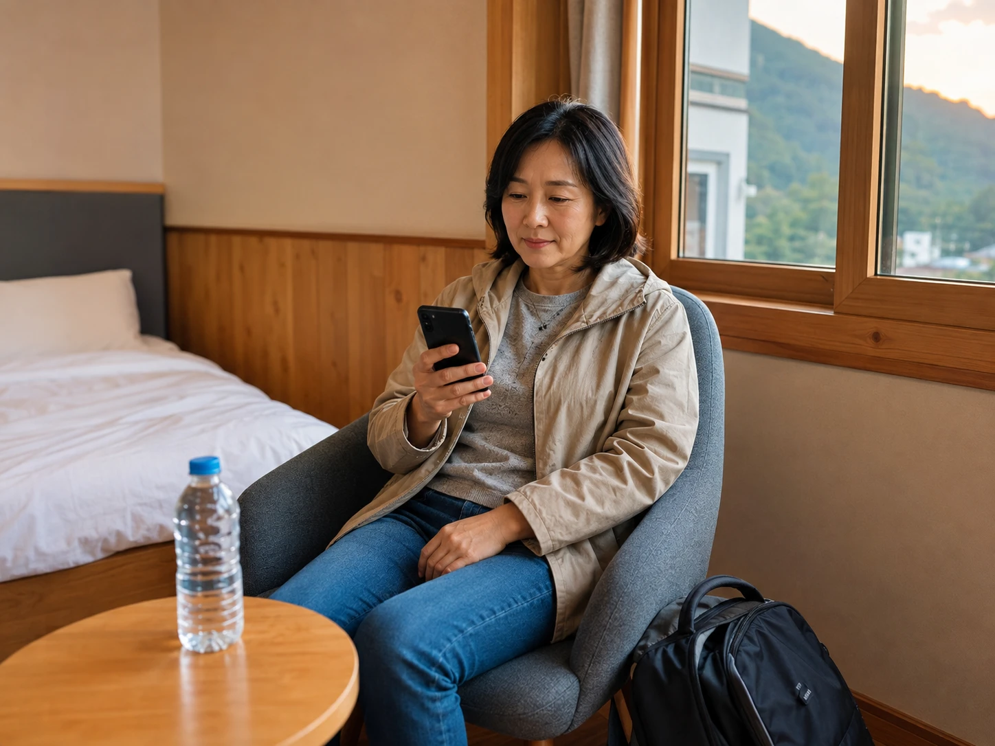 진안출장마사지 | K초이스24 - 진안읍 숙소에서 방문 예정 연락을 확인하며 혼자 기다리는 성인 이용자