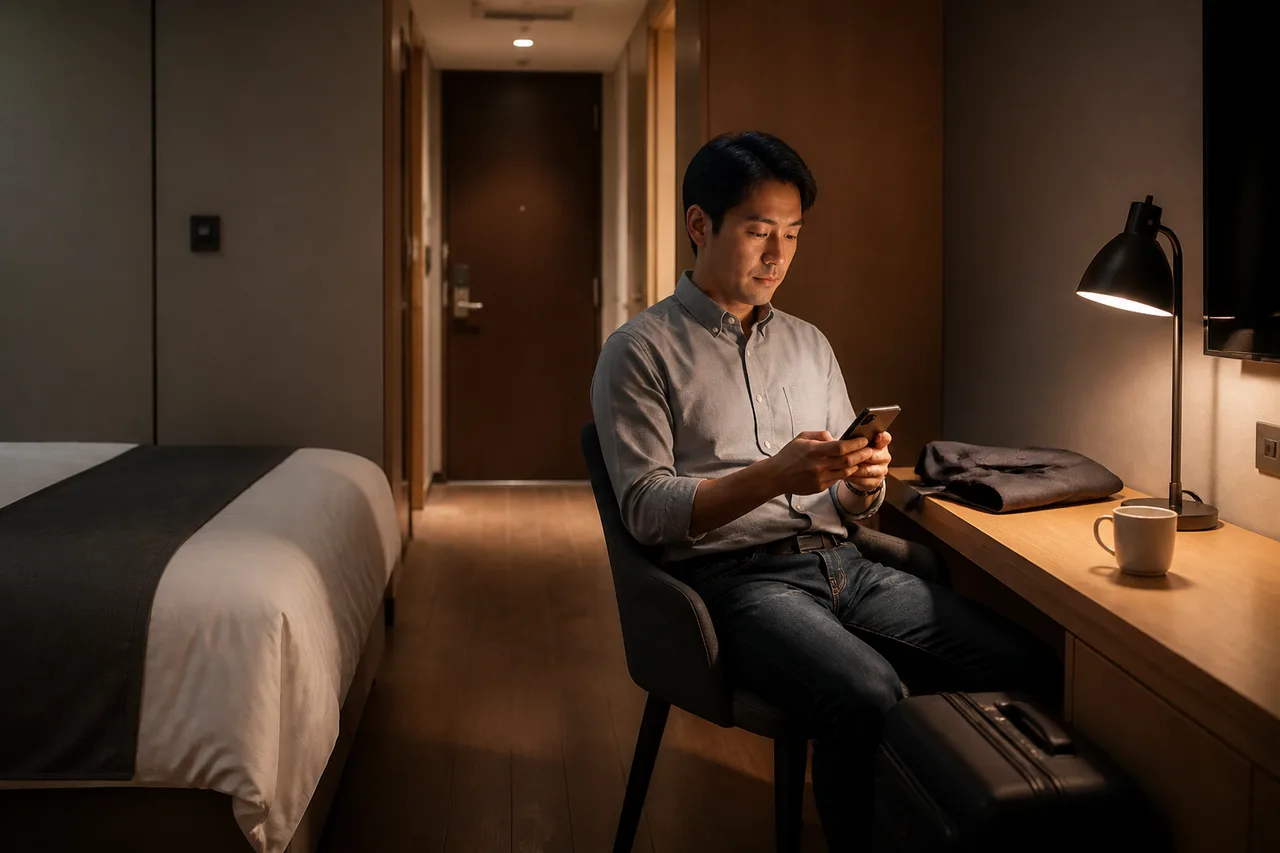 전북 남원 도통동의 생활권 분위기와 출장 숙소 이용 상황을 함께 보여 주는 가상 출장마사지 이용후기 장면