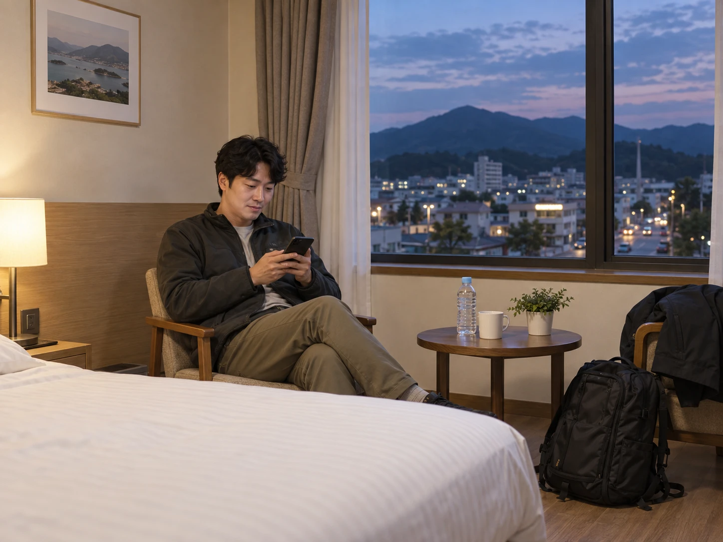 전남 강진읍 숙소에서 방문 예정 연락을 확인하며 혼자 기다리는 성인 이용자
