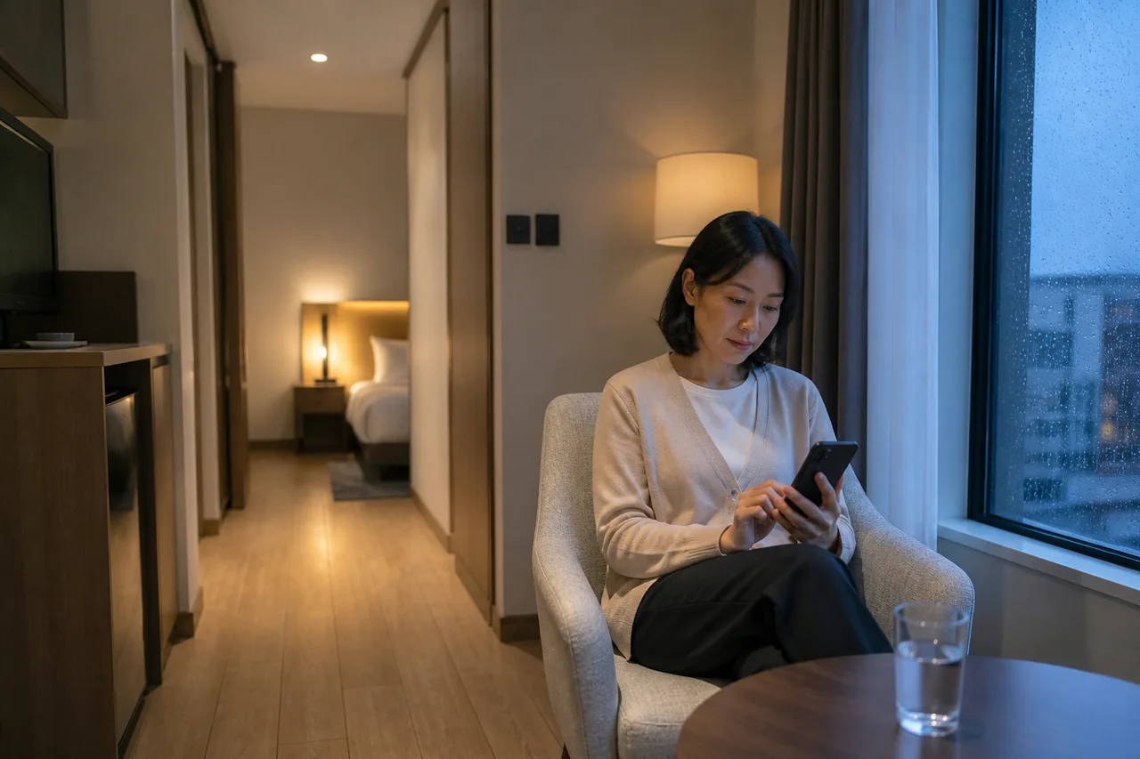 무안출장마사지 | K초이스24 - 무안 남악 숙소에서 방문 예정 연락을 확인하며 혼자 기다리는 성인 이용자