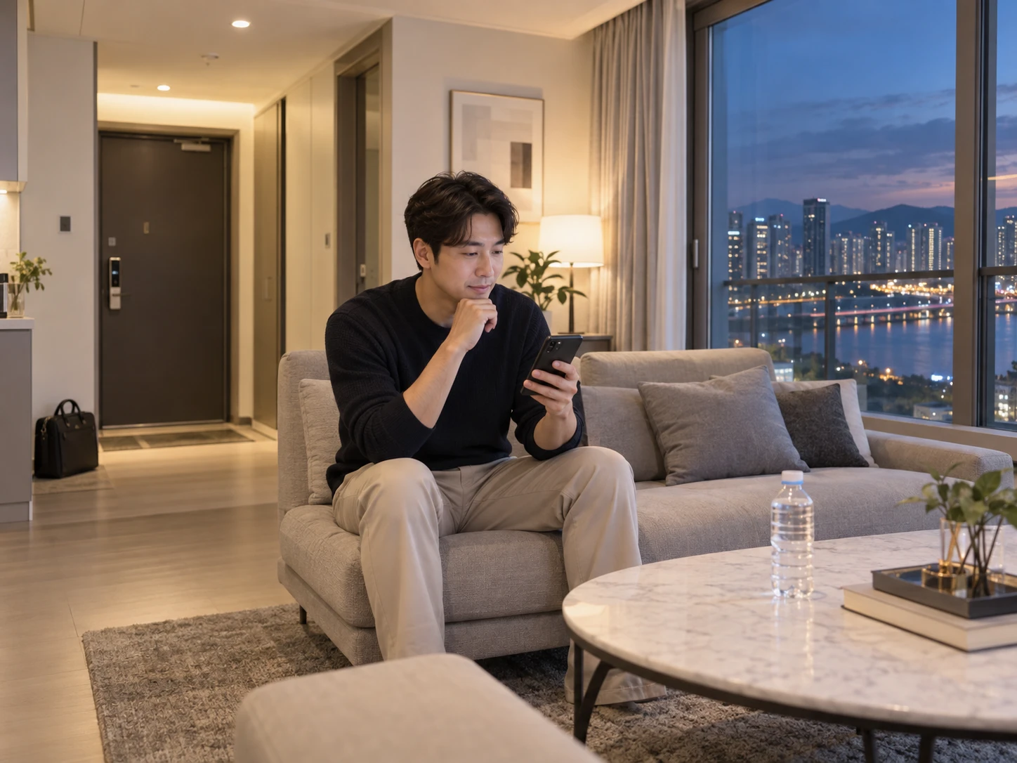 세종 대평동 해들마을의 생활권 분위기와 출장 숙소 이용 상황을 함께 보여 주는 가상 출장마사지 이용후기 장면