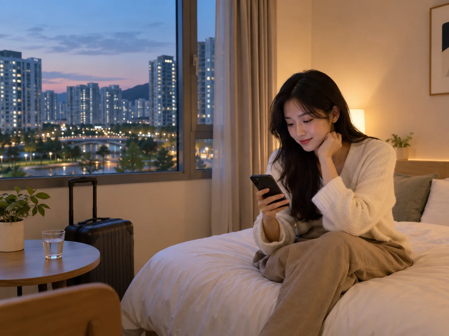 세종 한솔동 첫마을의 생활권 분위기와 출장 숙소 이용 상황을 함께 보여 주는 가상 출장마사지 이용후기 장면