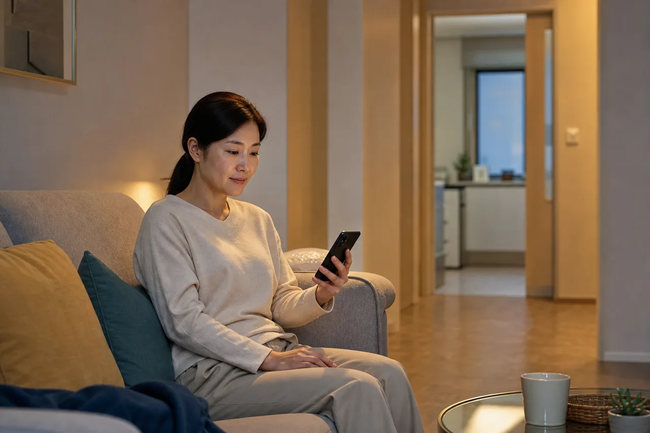 세종 새롬동 새뜸마을의 생활권 분위기와 출장 숙소 이용 상황을 함께 보여 주는 가상 출장마사지 이용후기 장면