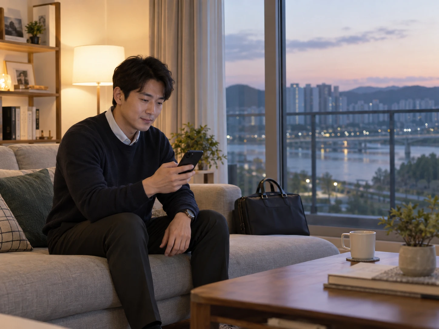 세종 소담동 새샘마을의 생활권 분위기와 출장 숙소 이용 상황을 함께 보여 주는 가상 출장마사지 이용후기 장면