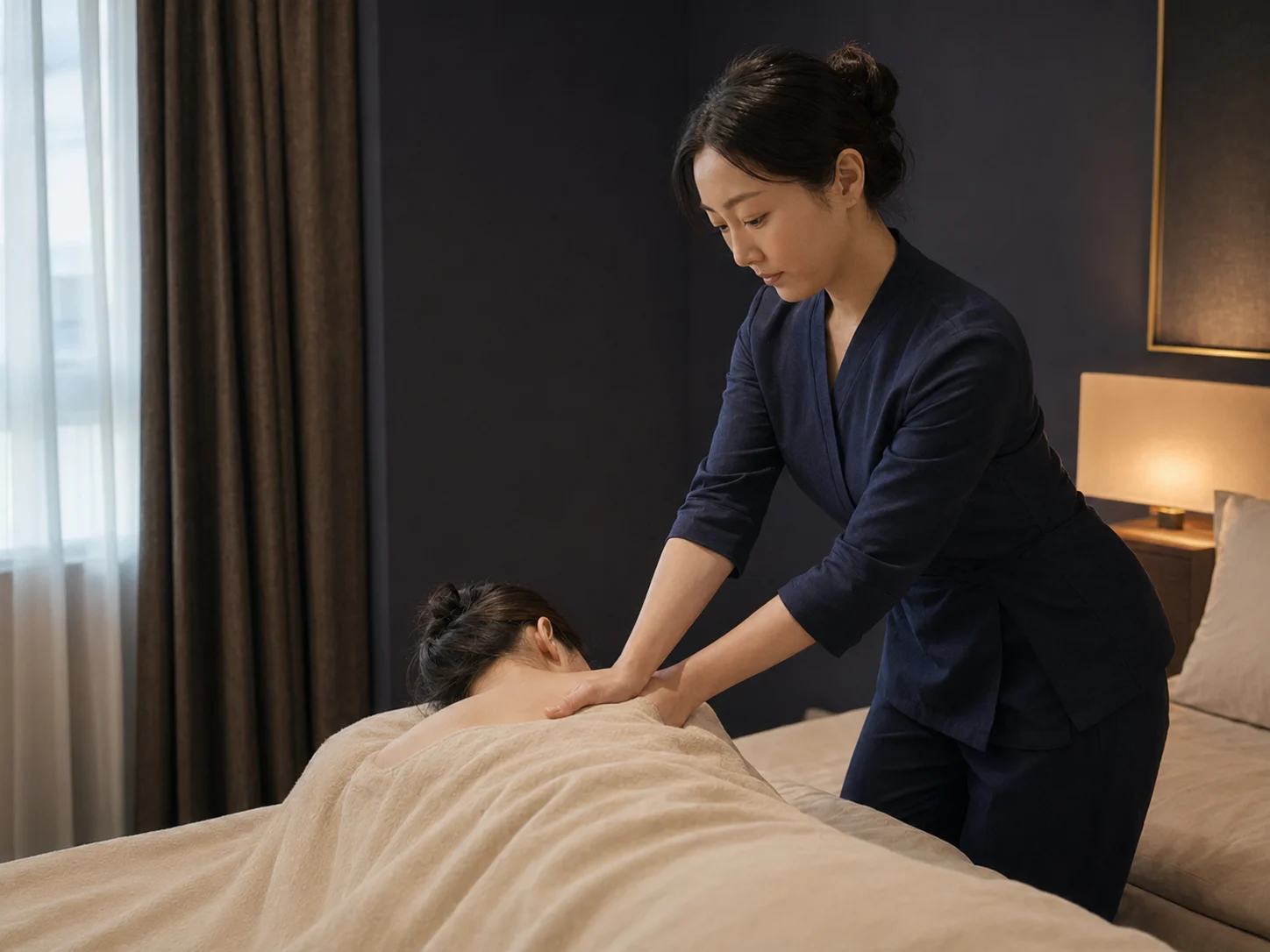 차분한 숙소에서 어깨와 팔의 긴장을 부드럽게 이완하는 아로마 릴랙스 모습