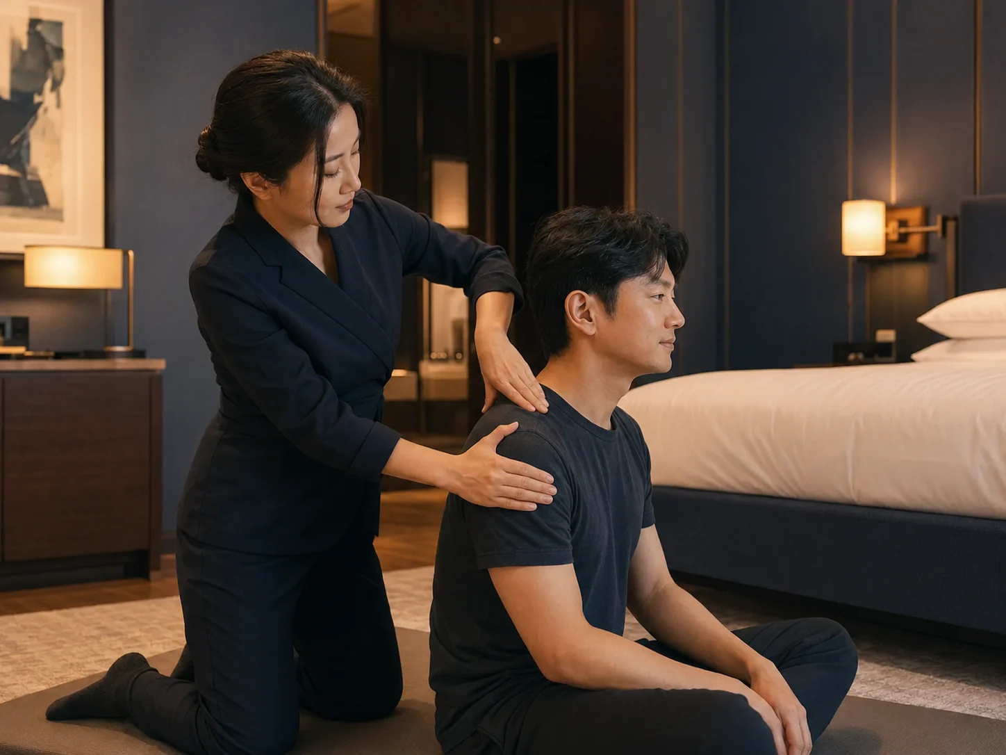 일반 숙소 침구에서 목과 어깨의 균형을 세심하게 관리하는 밸런스 케어 모습