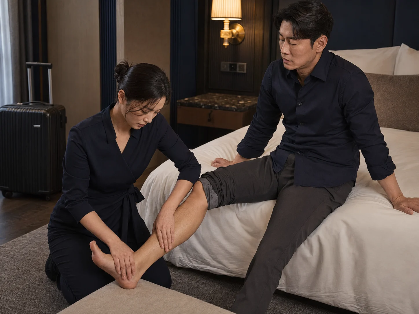 장거리 이동 뒤 일반 숙소 침구에서 종아리와 발목을 관리하는 리커버리 케어 모습