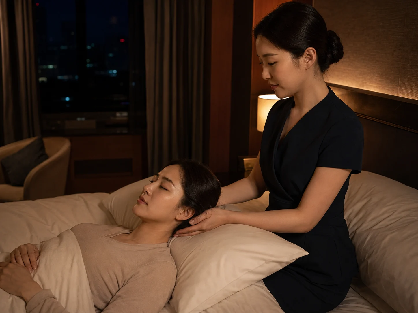 늦은 저녁 숙소 침구에서 두피와 어깨를 느린 흐름으로 관리하는 슬립 릴랙스 모습