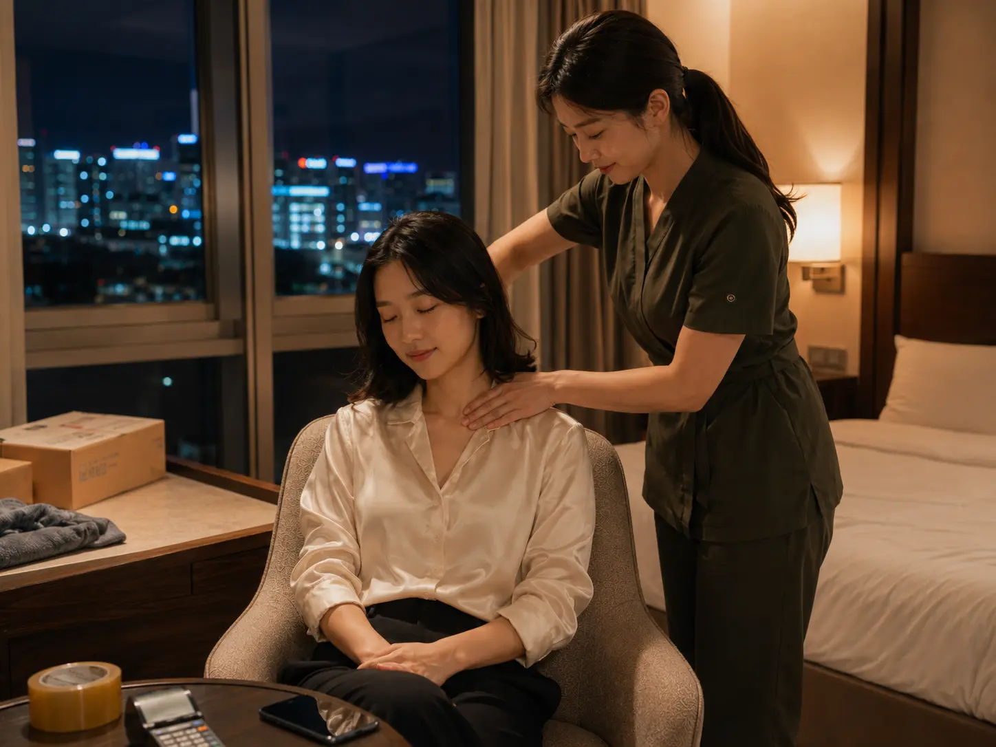 천안출장마사지 | K초이스24 - 충남 천안 백석동 숙소에서 젊은 성인 여성 관리사가 로컬 에디터 지안의 목과 어깨를 부드럽게 관리하는 장면