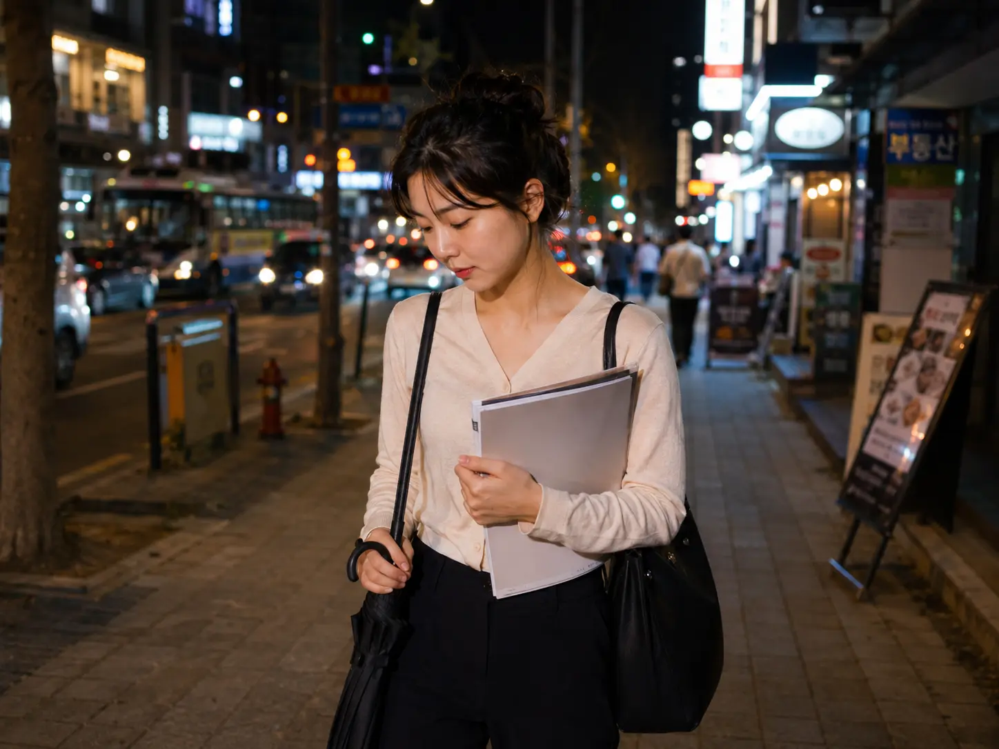 천안출장마사지 | K초이스24 - 저녁의 충남 천안 불당동 거리에서 로컬 에디터 민서가 두정동 숙소로 이동하며 일정을 확인하는 장면