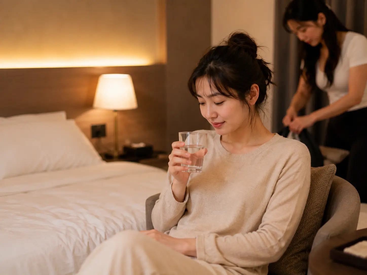 천안출장마사지 | K초이스24 - 충남 천안 두정동 숙소에서 목과 어깨 홈케어를 마친 로컬 에디터 민서가 물을 마시며 편안하게 쉬는 장면