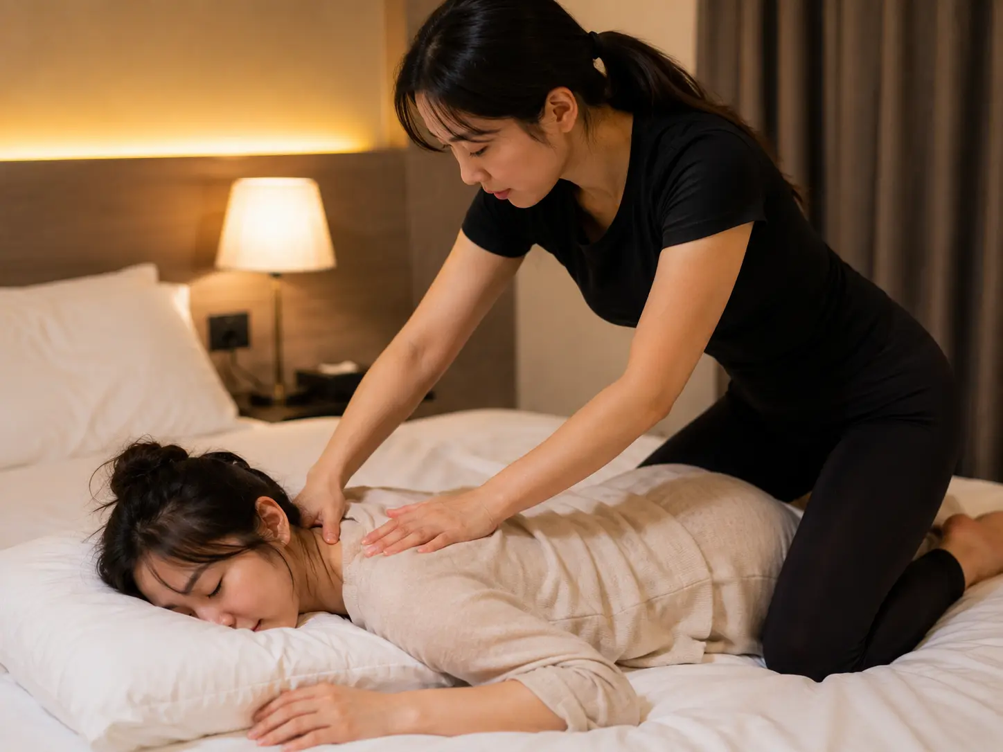 천안출장마사지 | K초이스24 - 충남 천안 두정동 숙소에서 젊은 성인 여성 관리사가 로컬 에디터 민서의 목과 어깨를 부드럽게 관리하는 장면