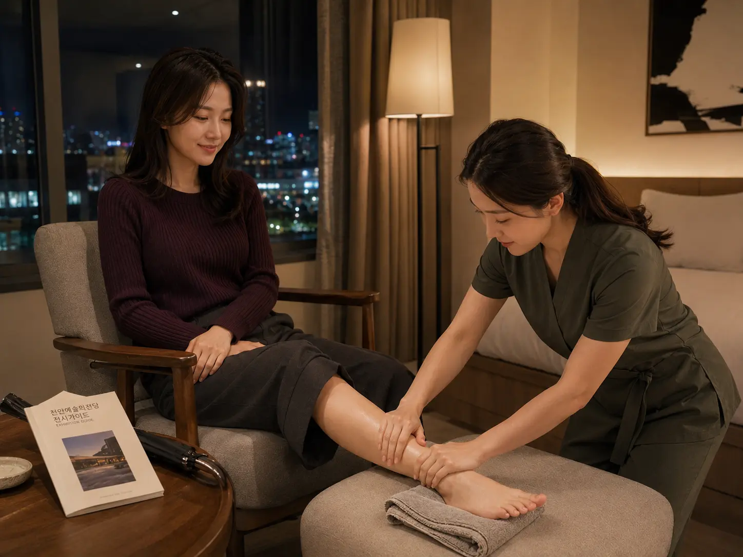 천안출장마사지 | K초이스24 - 충남 천안 성성동 숙소에서 젊은 성인 여성 관리사가 로컬 에디터 서윤의 종아리와 발목을 부드럽게 관리하는 장면