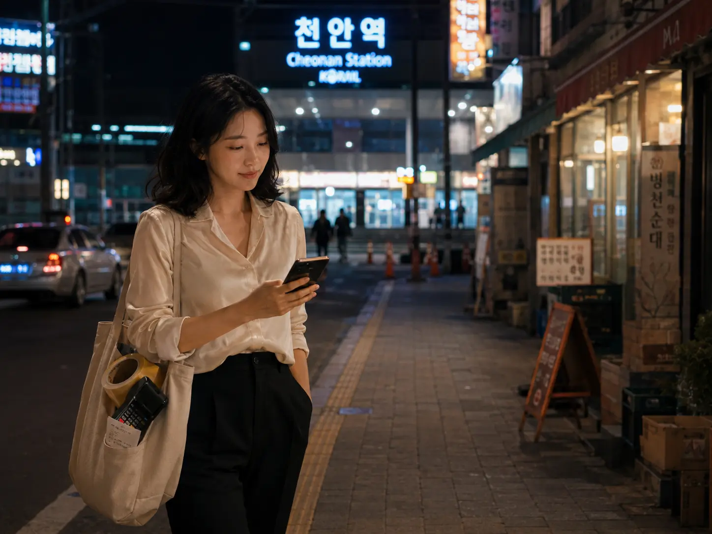 천안출장마사지 | K초이스24 - 충남 천안 신부동과 두정동 일정을 마친 로컬 에디터 지안이 천안역 인근에서 백석동 숙소 이동 경로를 확인하는 장면