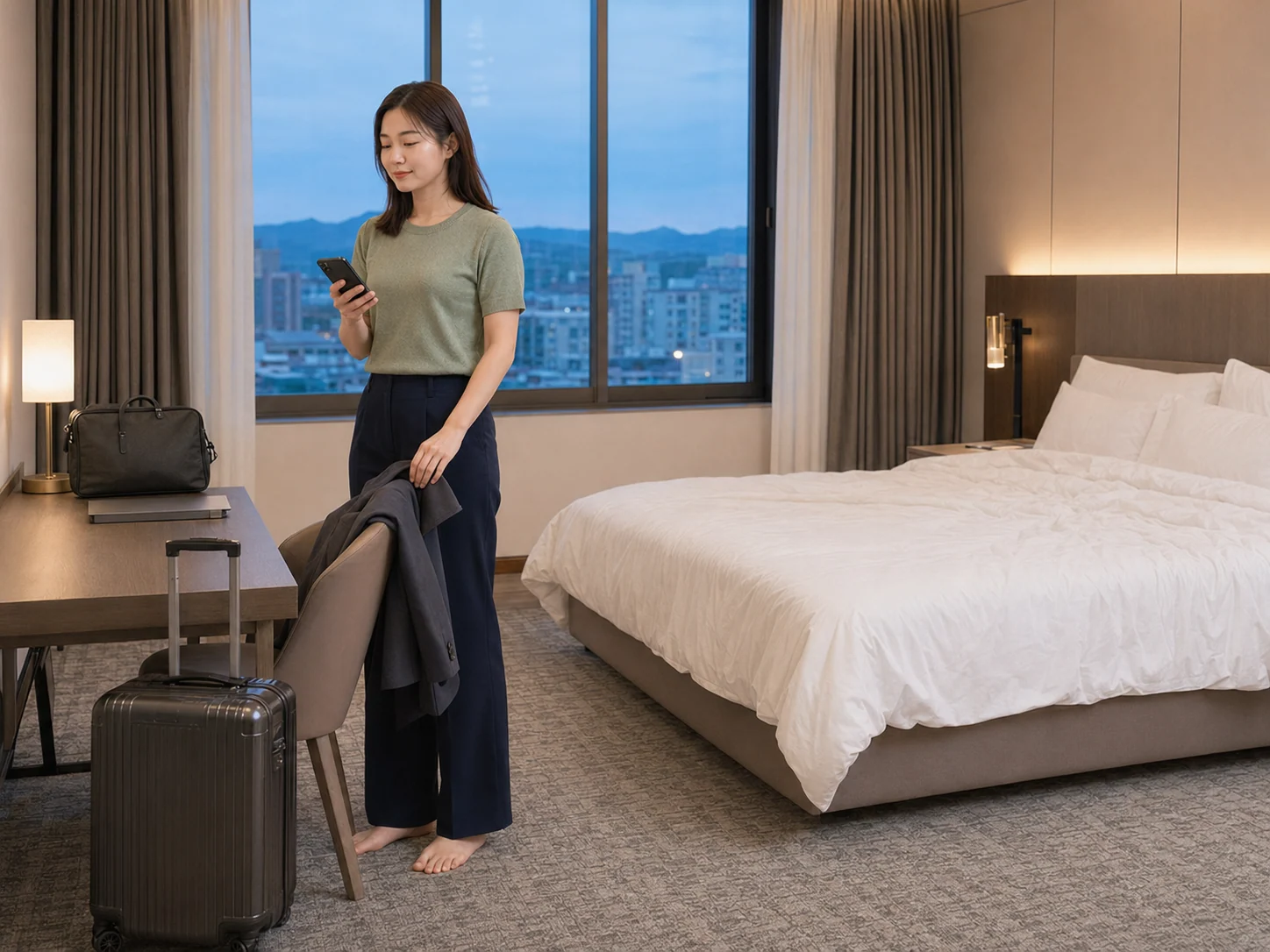 청주출장마사지 | K초이스24 - 오송 업무를 마친 로컬 에디터 지안이 가경동 호텔 객실에서 재킷과 노트북 가방을 정리하며 정확한 지점과 방문객 출입 정보를 확인하는 장면