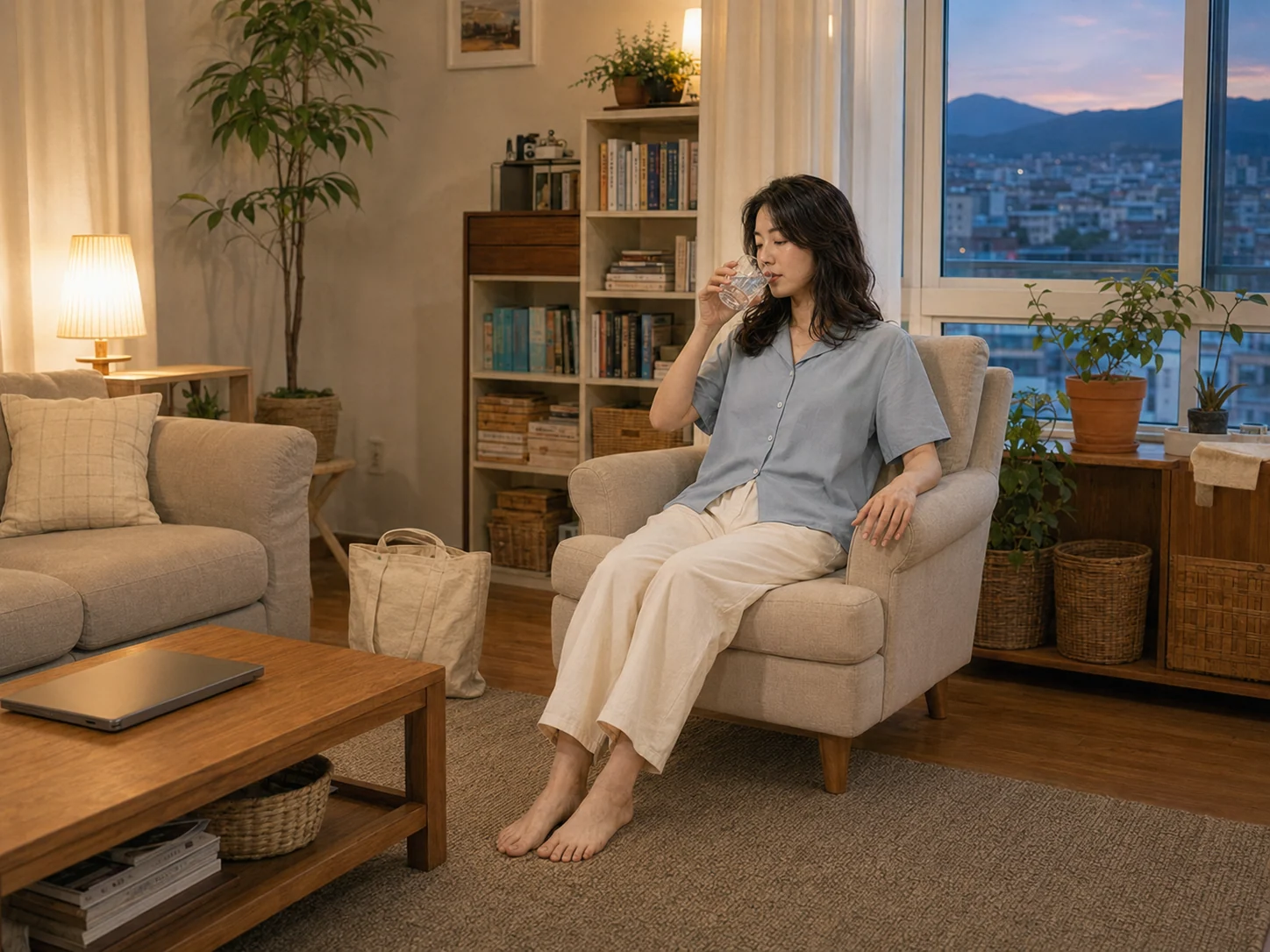 충주출장마사지 | K초이스24 - 관리를 마친 윤서가 같은 호암동 자택 창가에서 시장 가방과 노트북을 닫아 두고 물을 마시며 쉬는 장면