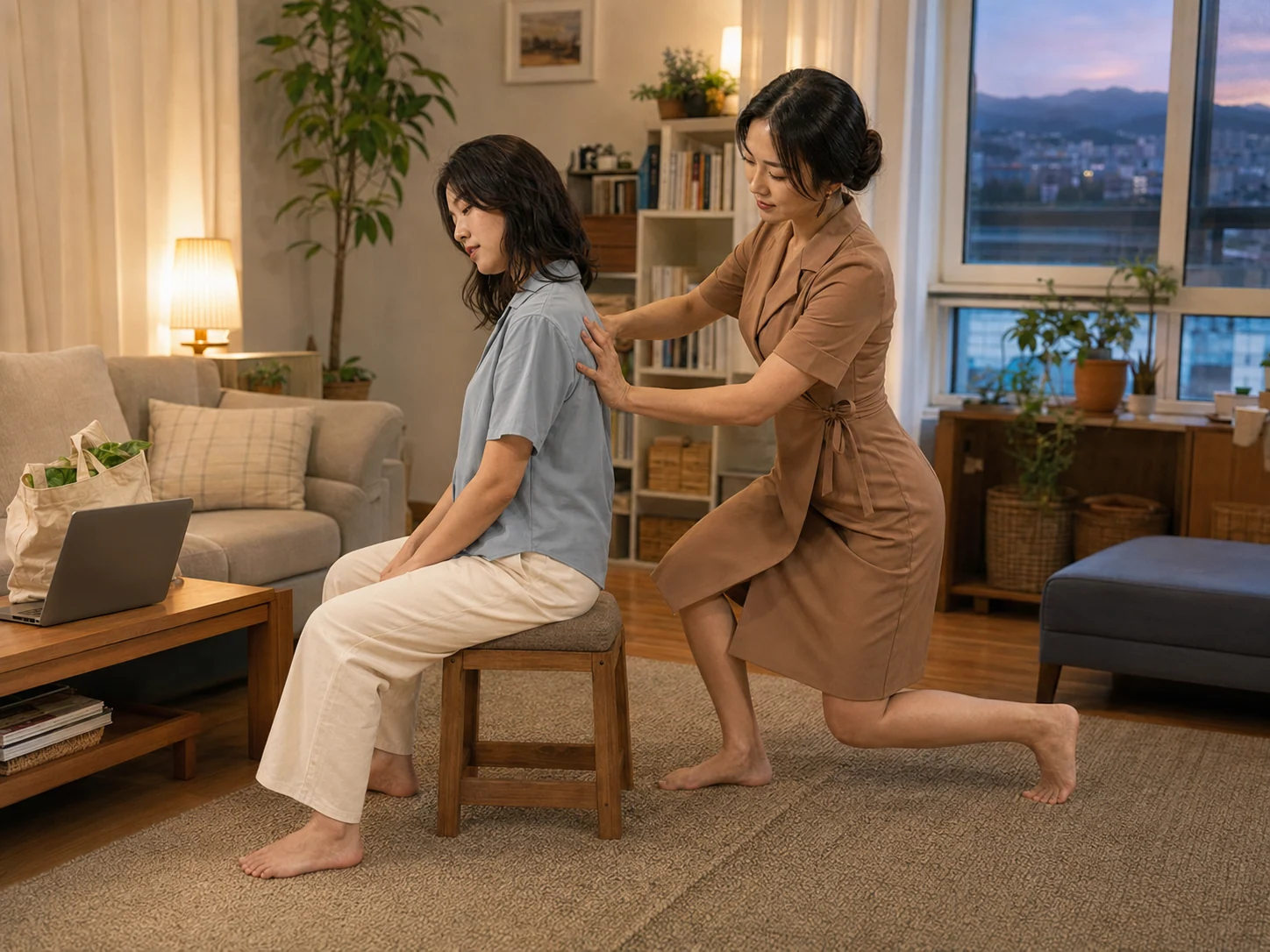 충주출장마사지 | K초이스24 - 같은 호암동 거실에서 같은 캐러멜 베이지 치마형 랩 원피스 유니폼의 관리사 하은이 윤서의 어깨와 견갑 주변을 힘 있게 압박하는 넓은 구도의 장면