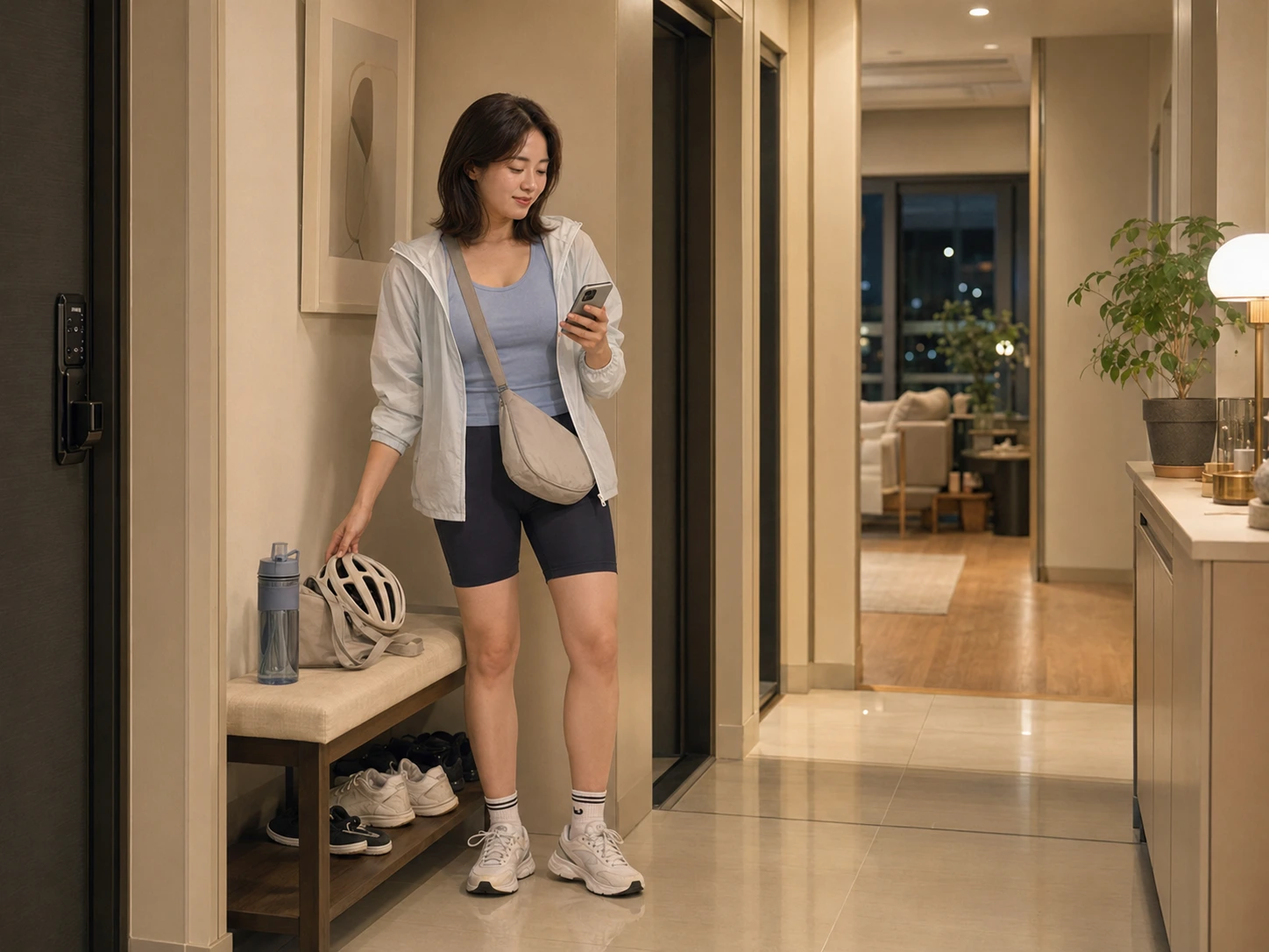 충주출장마사지 | K초이스24 - 7월 저녁 탄금대 자전거길 일정을 마친 로컬 에디터 지우가 연수동 자택 현관에서 자전거 헬멧과 작은 가방을 정리하며 주소를 확인하는 장면