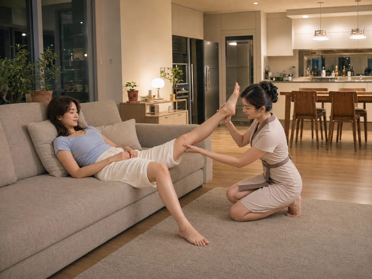 충주출장마사지 | K초이스24 - 같은 연수동 거실에서 같은 치마형 랩 원피스 유니폼의 여성 관리사가 지우의 발목을 받치고 종아리와 허벅지 뒤쪽을 보조 스트레칭하는 넓은 구도의 장면