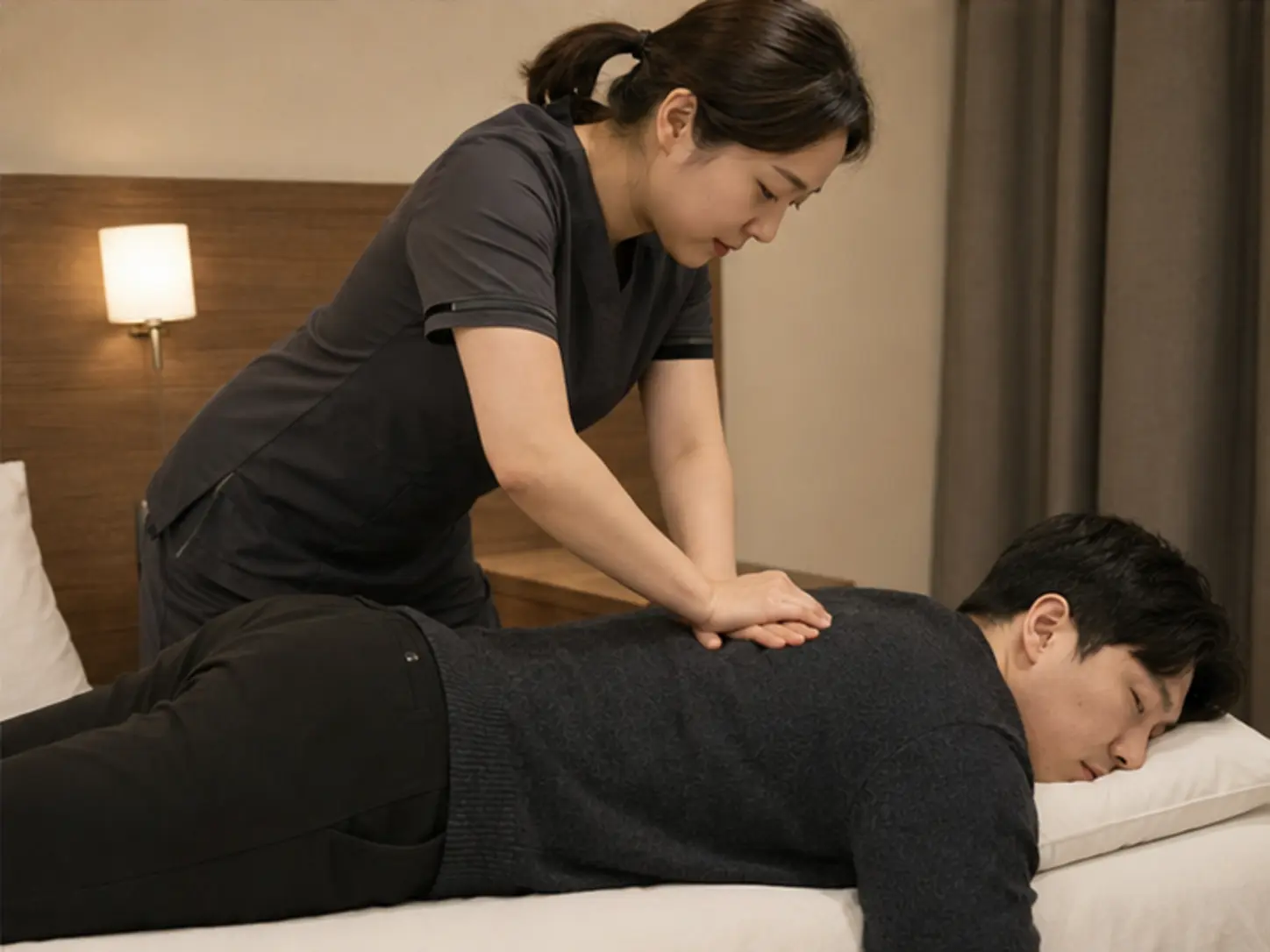 대덕구출장마사지 | K초이스24 - 2025년 12월의 겨울, 위치·시간·원하는 압을 상담한 뒤 숙소에서 28세 여성 관리사 채린이 로컬 에디터 승호의 허리 주변과 등을 강한 압과 적극적인 동작으로 관리하는 장면
