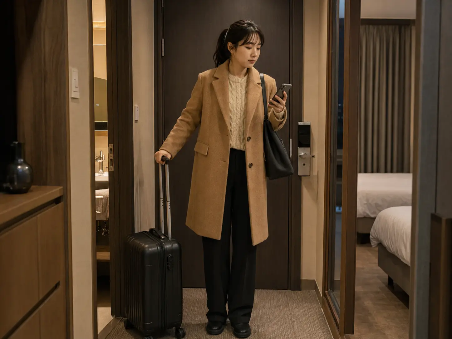 대덕구출장마사지 | K초이스24 - 대전· 대덕구 숙소 출입구에서 휴대전화로 객실과 출입 정보를 확인하는 로컬 에디터 예림