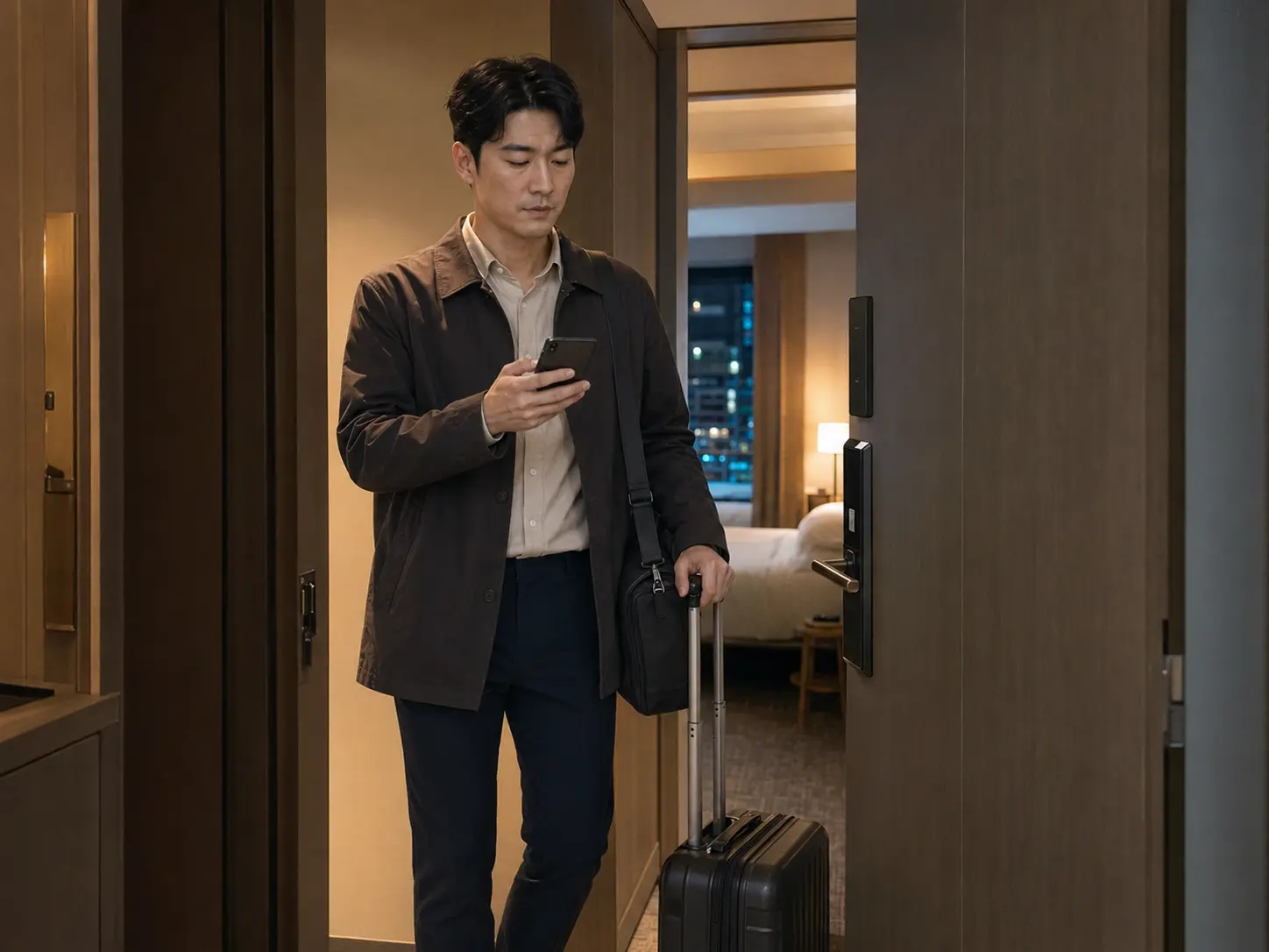 서구출장마사지 | K초이스24 - 대전· 서구 숙소 출입구에서 휴대전화로 객실과 출입 정보를 확인하는 로컬 에디터 민석