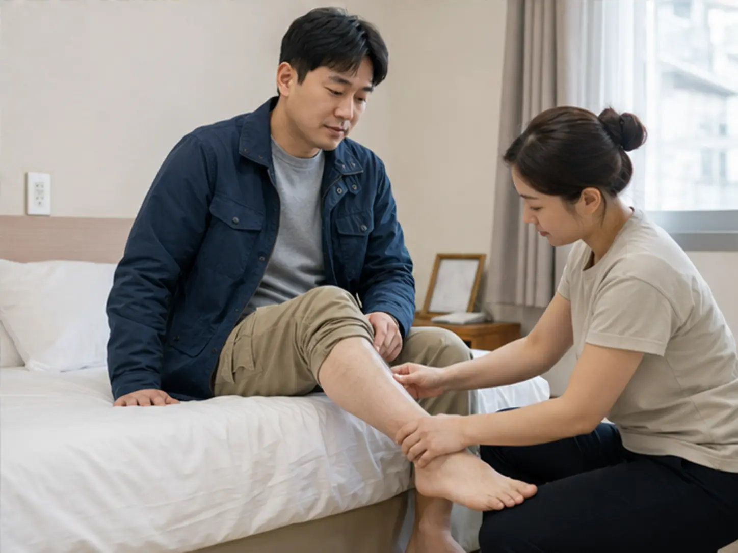 중구출장마사지 | K초이스24 - 2024년 10월의 가을, 위치·시간·원하는 압을 상담한 뒤 숙소에서 29세 여성 관리사 보라가 로컬 에디터 재민의 종아리와 발목을 강한 압과 적극적인 동작으로 관리하는 장면