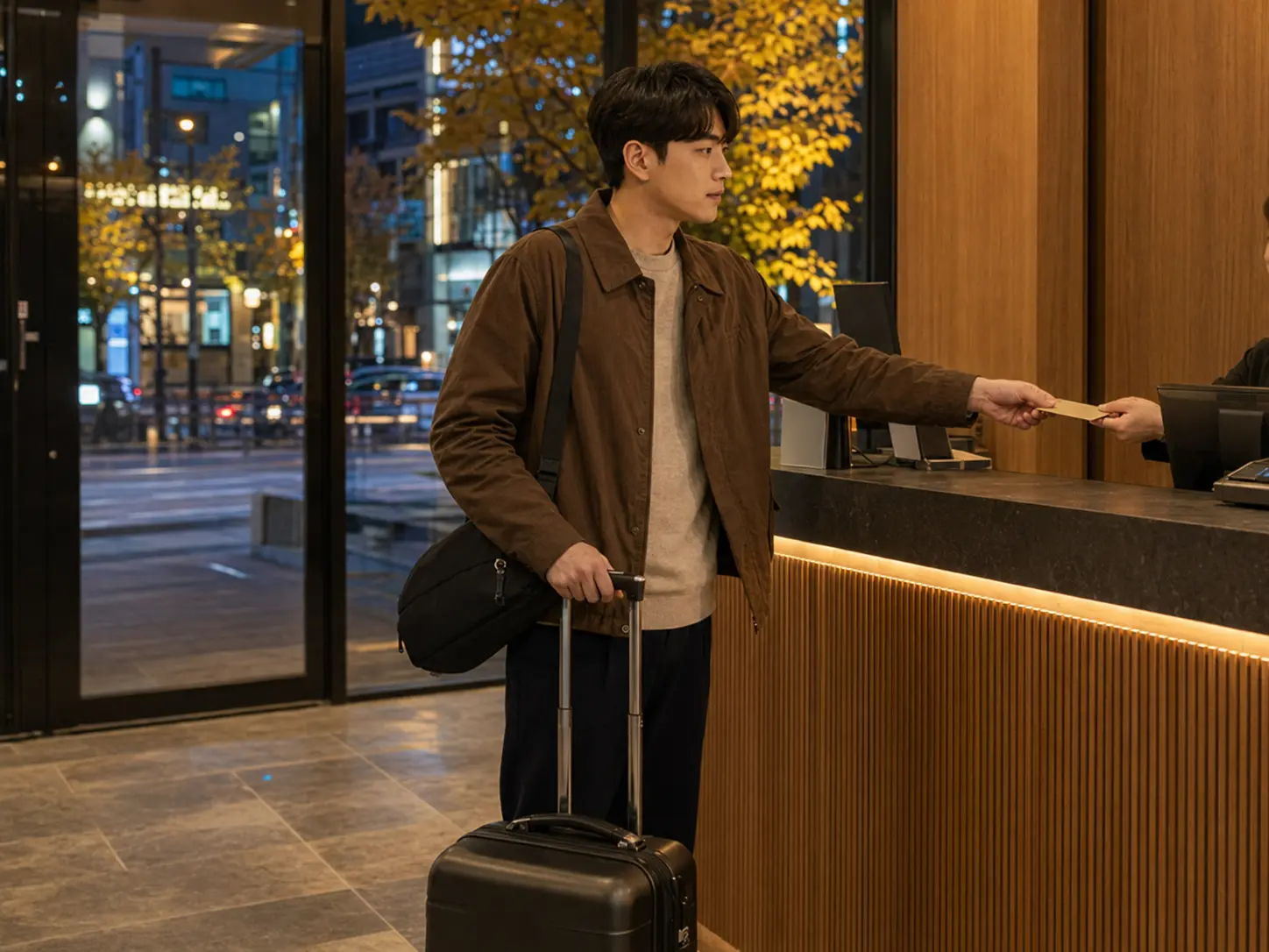중구출장마사지 | K초이스24 - 대전· 중구 숙소에 여행가방을 들고 도착해 체크인하는 로컬 에디터 준호
