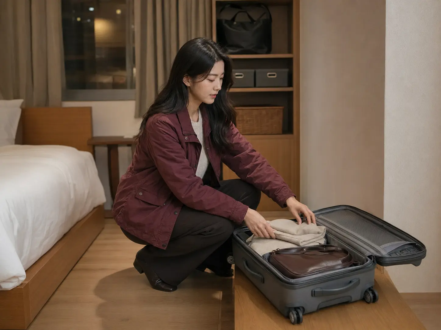중구출장마사지 | K초이스24 - 대전· 중구 숙소에서 가방을 정리하고 관리 공간을 비우는 로컬 에디터 하진