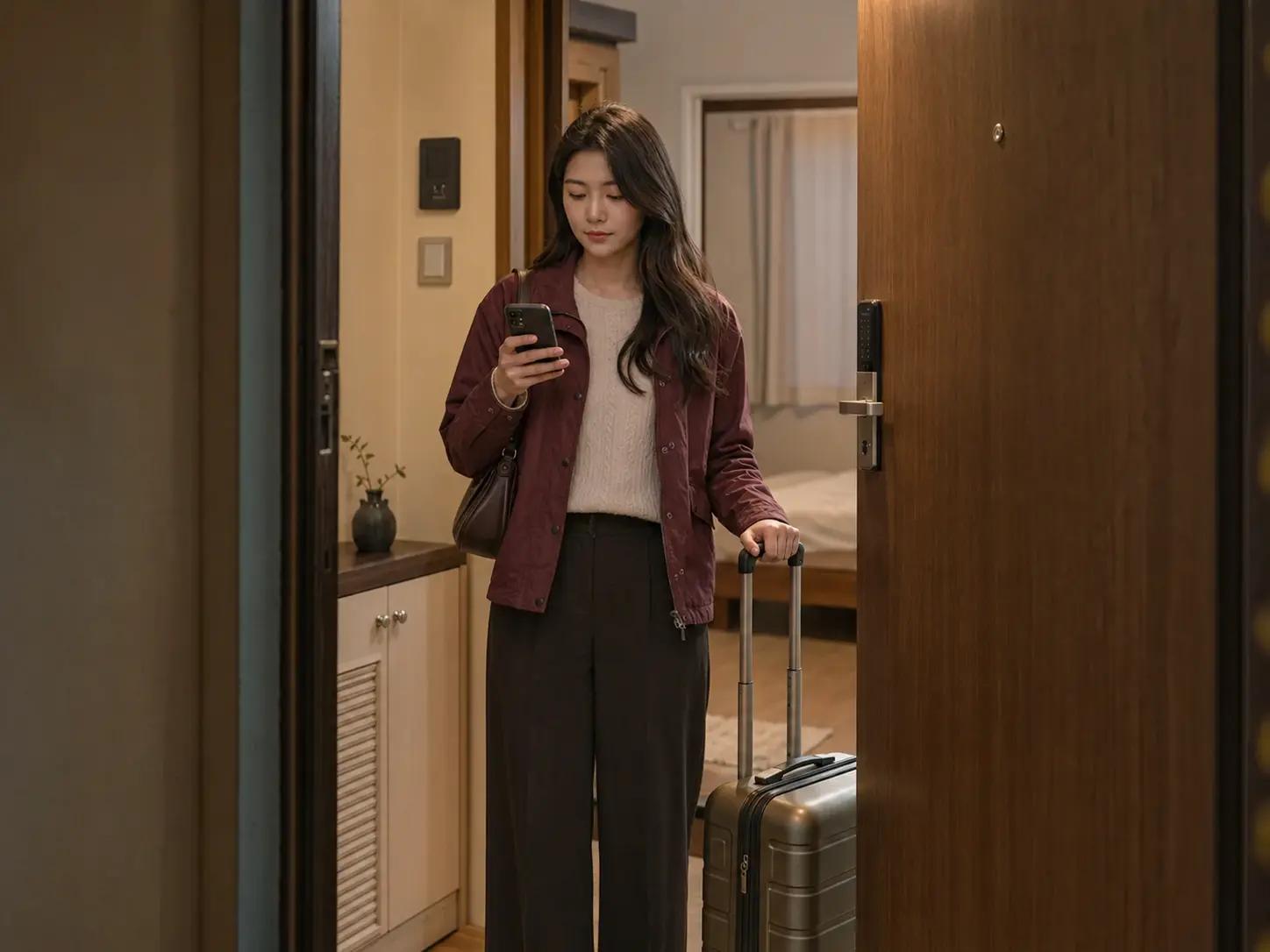 중구출장마사지 | K초이스24 - 대전· 중구 숙소 출입구에서 휴대전화로 객실과 출입 정보를 확인하는 로컬 에디터 하진