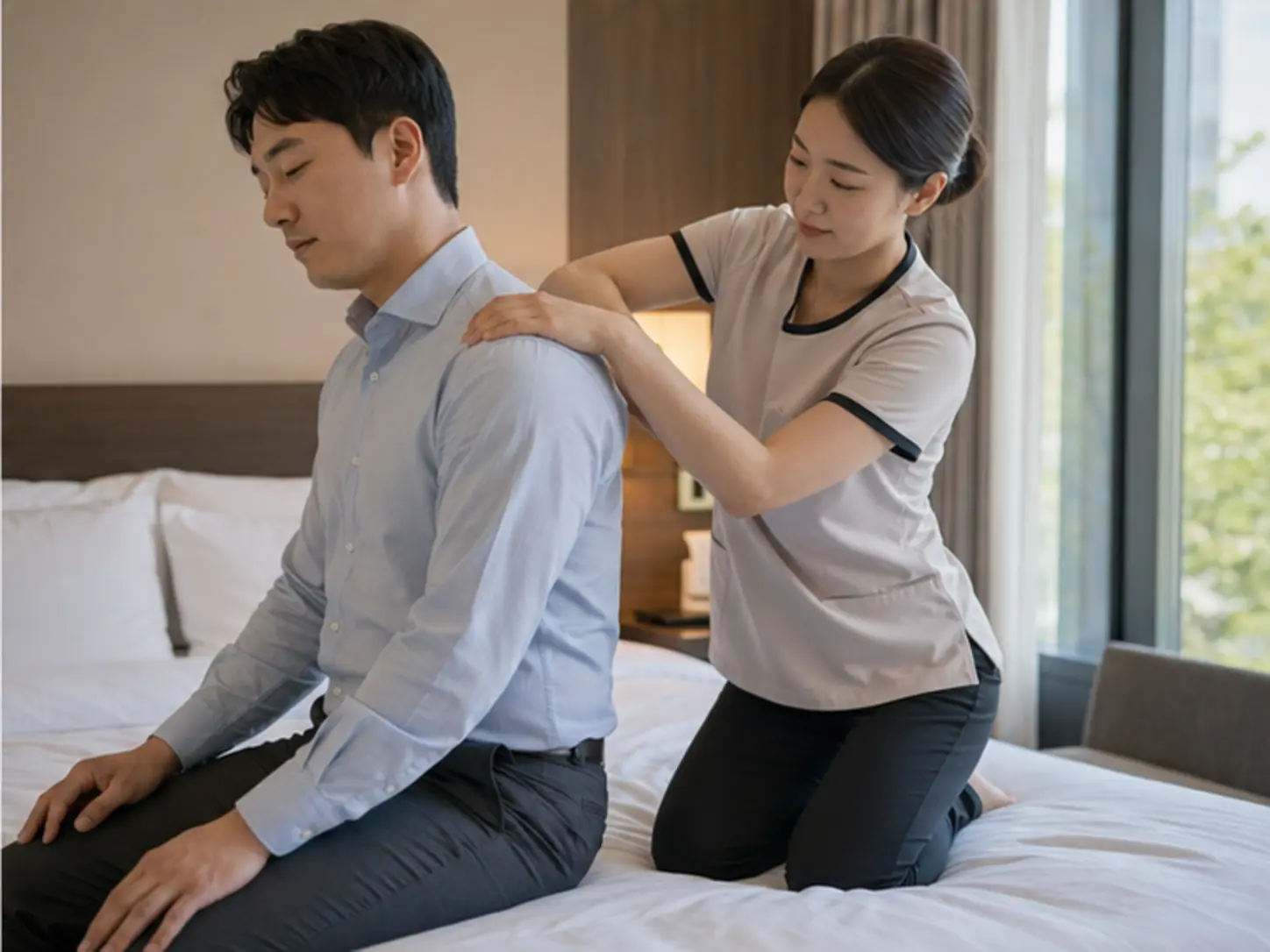 유성구출장마사지 | K초이스24 - 2026년 5월의 봄, 위치·시간·원하는 압을 상담한 뒤 숙소에서 29세 여성 관리사 유나가 로컬 에디터 정우의 목·어깨와 등 위쪽을 강한 압과 적극적인 동작으로 관리하는 장면