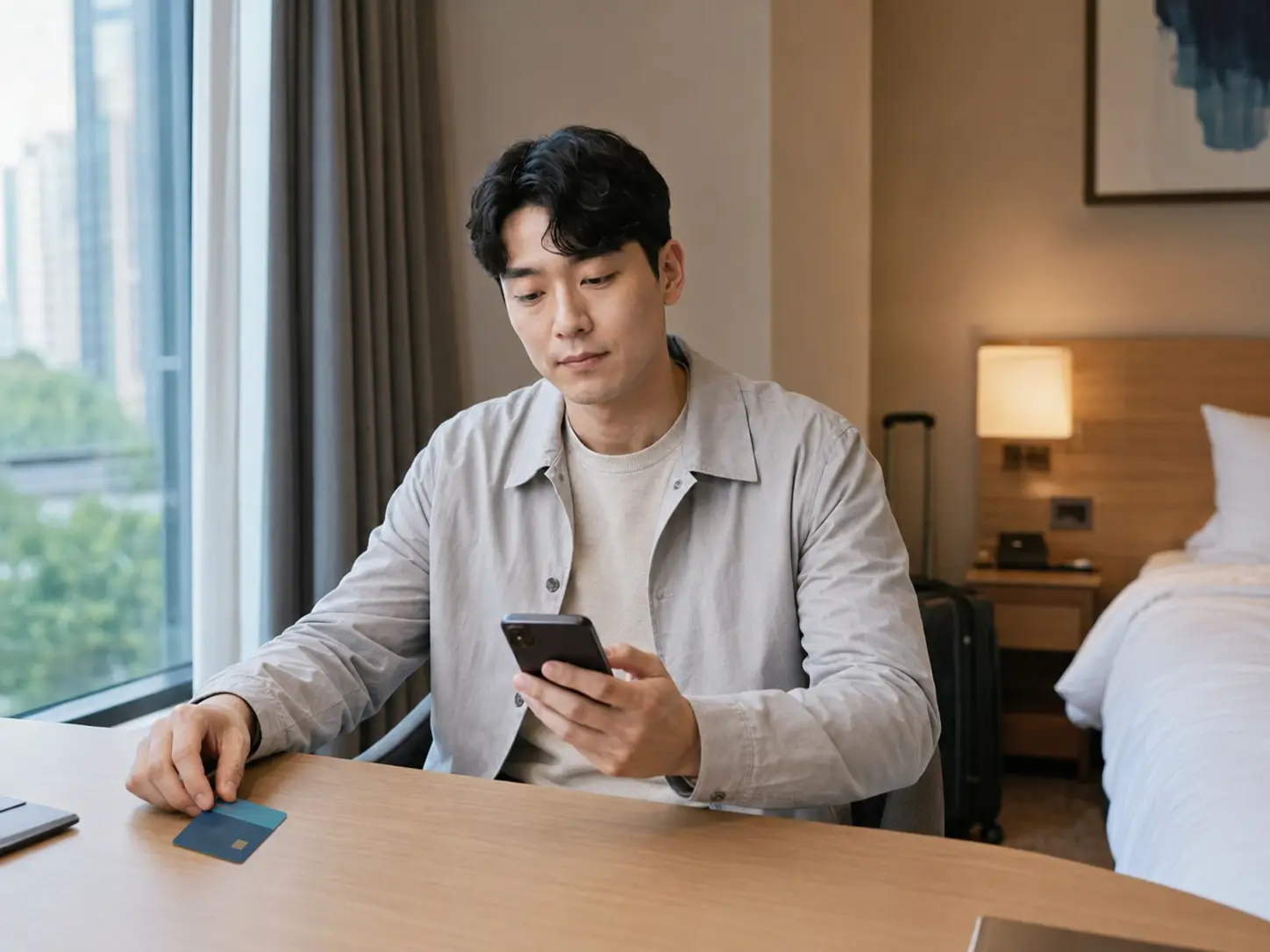유성구출장마사지 | K초이스24 - 대전· 유성구 객실에서 키카드와 휴대전화로 이동 일정을 확인하는 로컬 에디터 현우