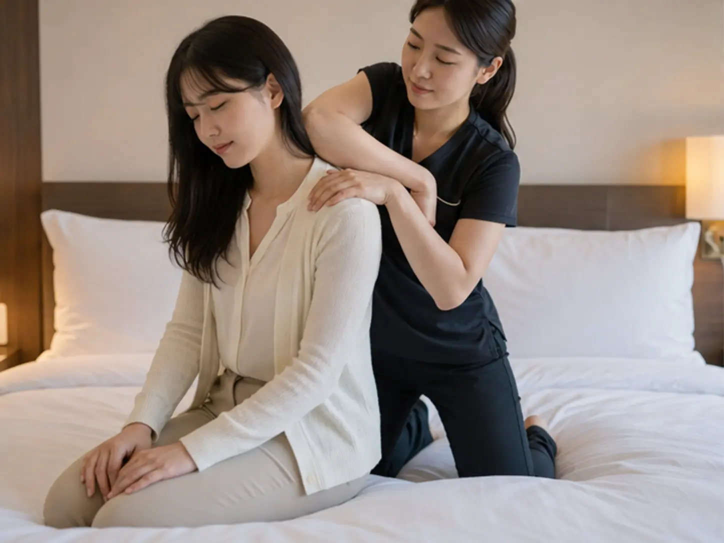 유성구출장마사지 | K초이스24 - 2026년 5월의 봄, 숙소 출입 정보를 확인한 뒤 숙소에서 24세 여성 관리사 다연이 로컬 에디터 은지의 목·어깨와 등 위쪽을 강한 압과 적극적인 동작으로 관리하는 장면
