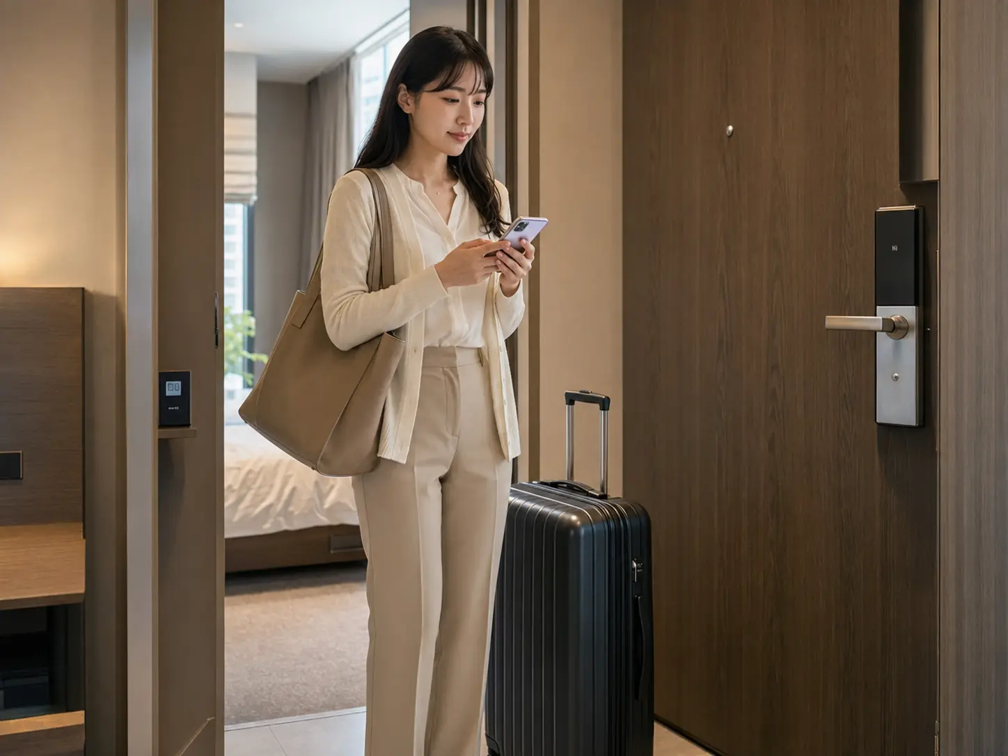 유성구출장마사지 | K초이스24 - 대전· 유성구 숙소 출입구에서 휴대전화로 객실과 출입 정보를 확인하는 로컬 에디터 은지