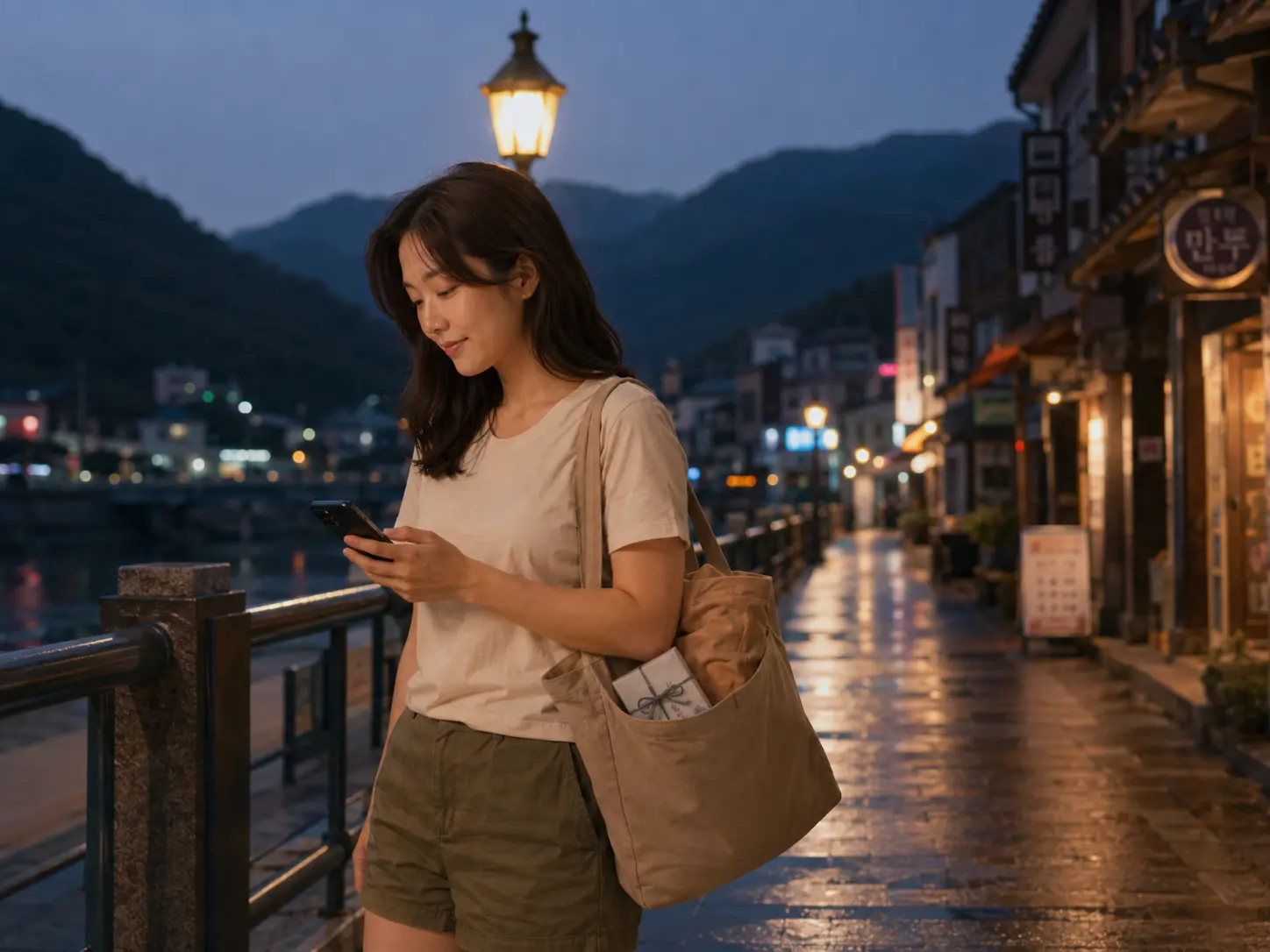 단양출장마사지 | K초이스24 - 비가 그친 저녁 충북 단양 구경시장 인근 남한강 강변에서 로컬 에디터 하람이 소백산 숙소 이동 경로를 확인하는 장면